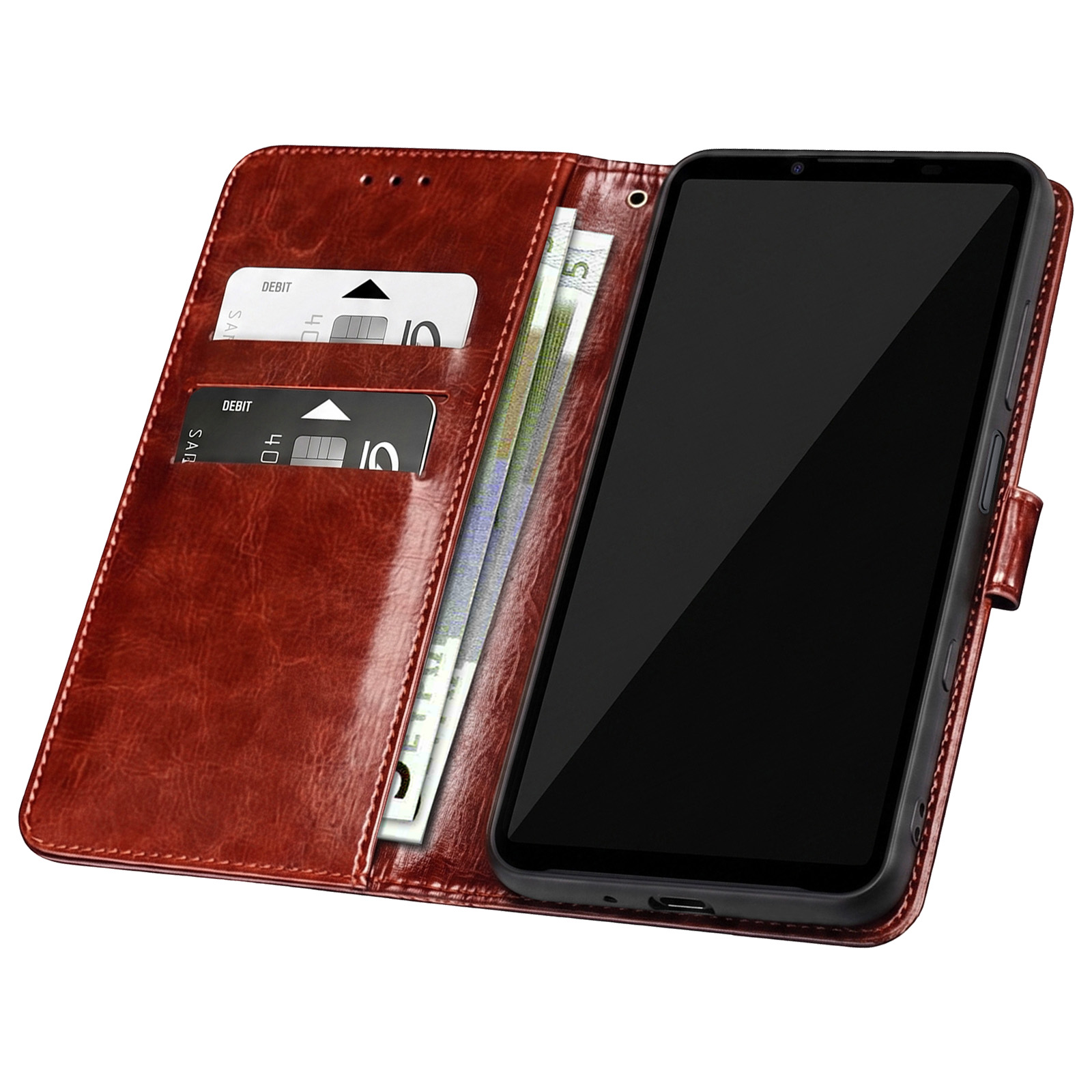 Braune Leder-Handyhülle mit Kartenfächern und einem Smartphone.