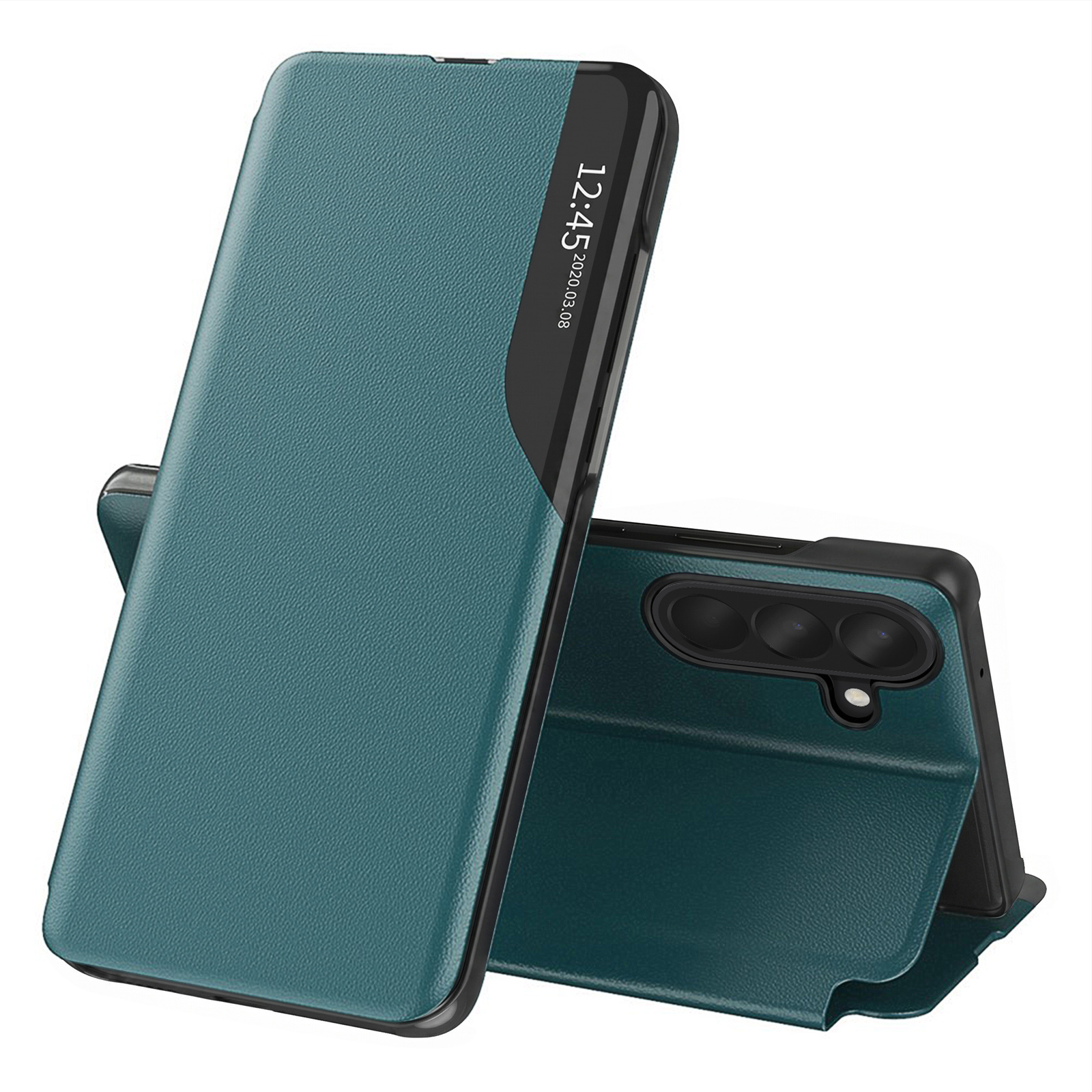 Dunkelgrüne Leder-Smartphonehülle mit schwarzem Rand, stehend auf weißem Hintergrund.