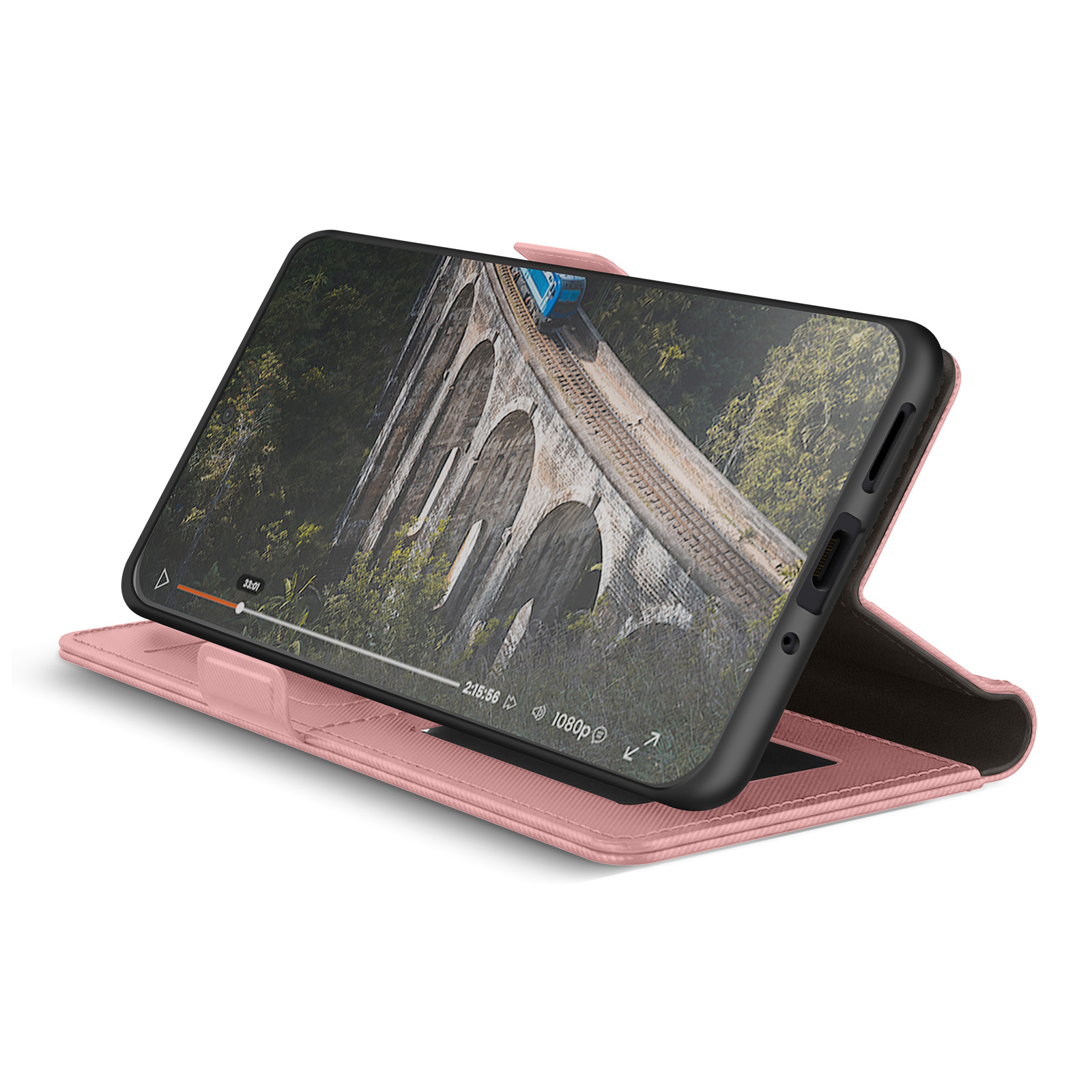 Ein Smartphone in einer rosa Lederhülle, das horizontal auf einer weißen Oberfläche steht und ein Video zeigt.