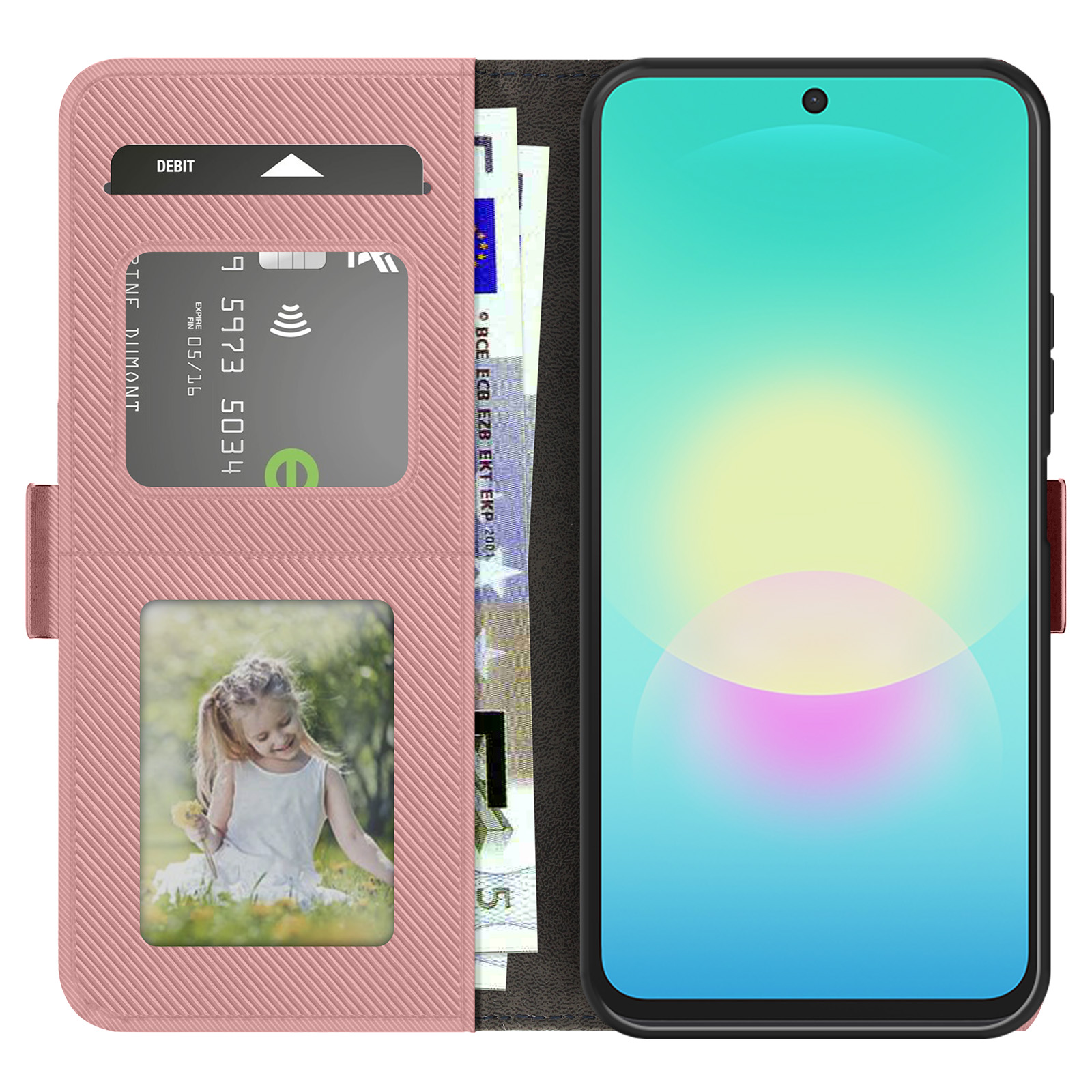 Rosa Brieftasche mit Karte, Bargeld, Kinderfoto und Smartphone mit hellem Bildschirm.