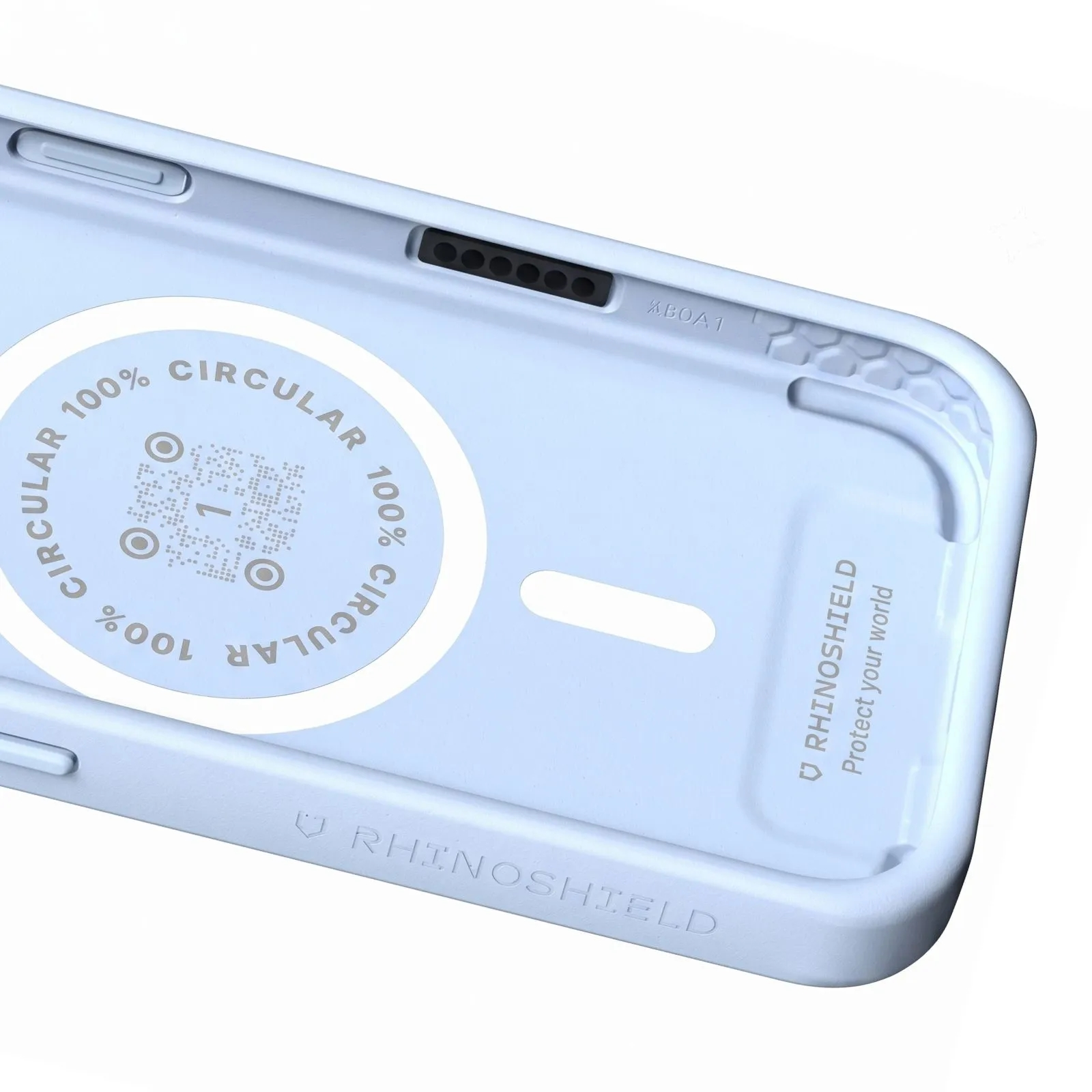 Hellblaue Handyhülle von innen, mit dem Aufdruck '100% Circular' und dem Rhinoshield-Logo.