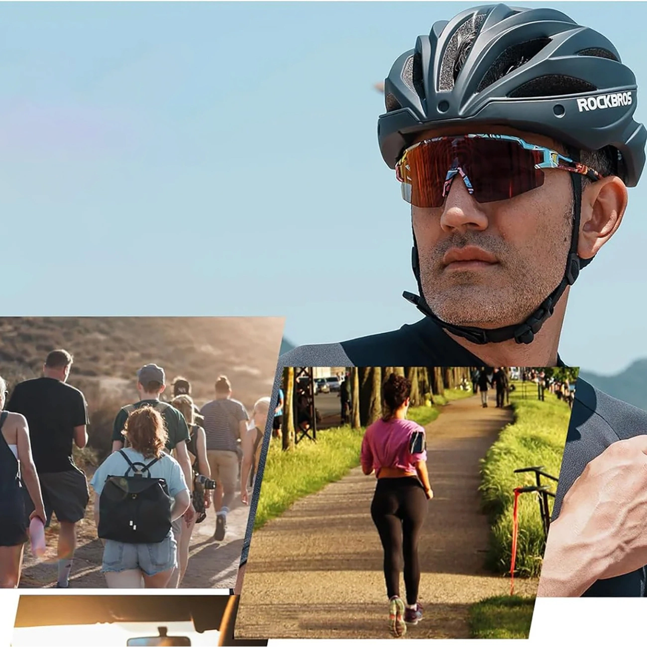 Un ciclista con casco e occhiali da sole, con foto di escursionisti sullo sfondo.