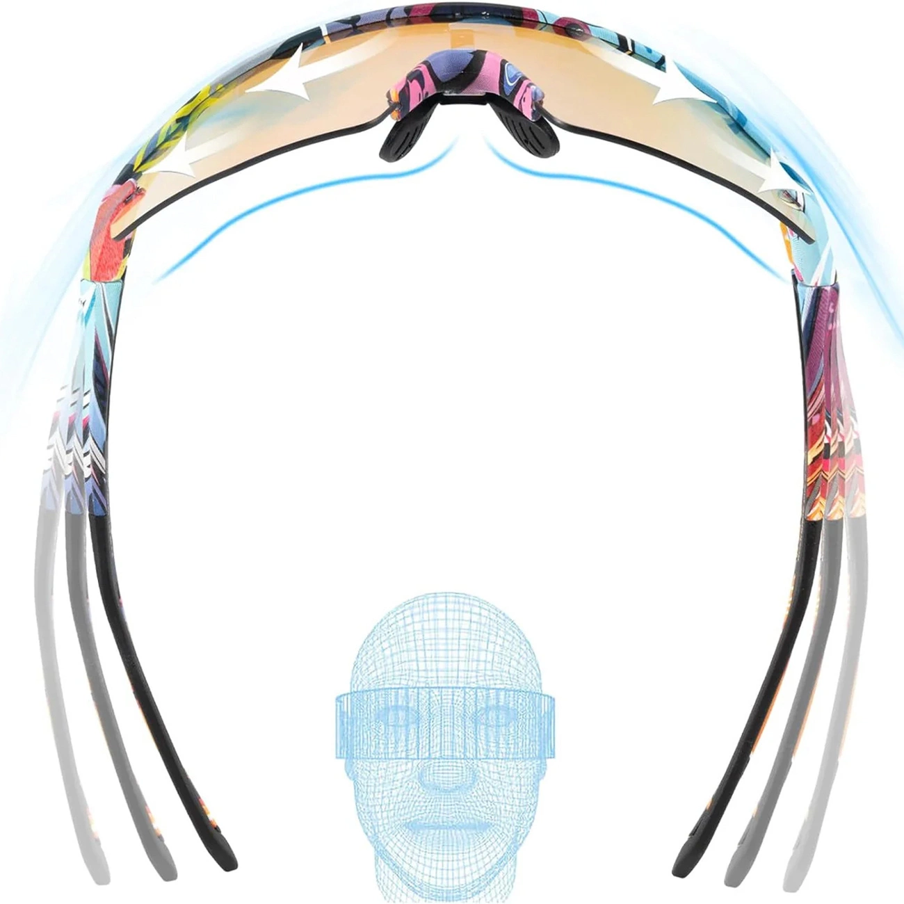 Occhiali da sole sportivi colorati con montatura curva e grafico della testa in wireframe.