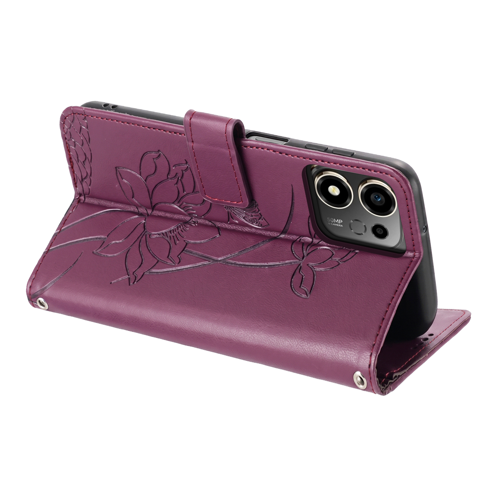 Ein lila Smartphone-Etui aus Leder mit eingeprägtem Blumenmuster, aufgestellt auf weißem Hintergrund.