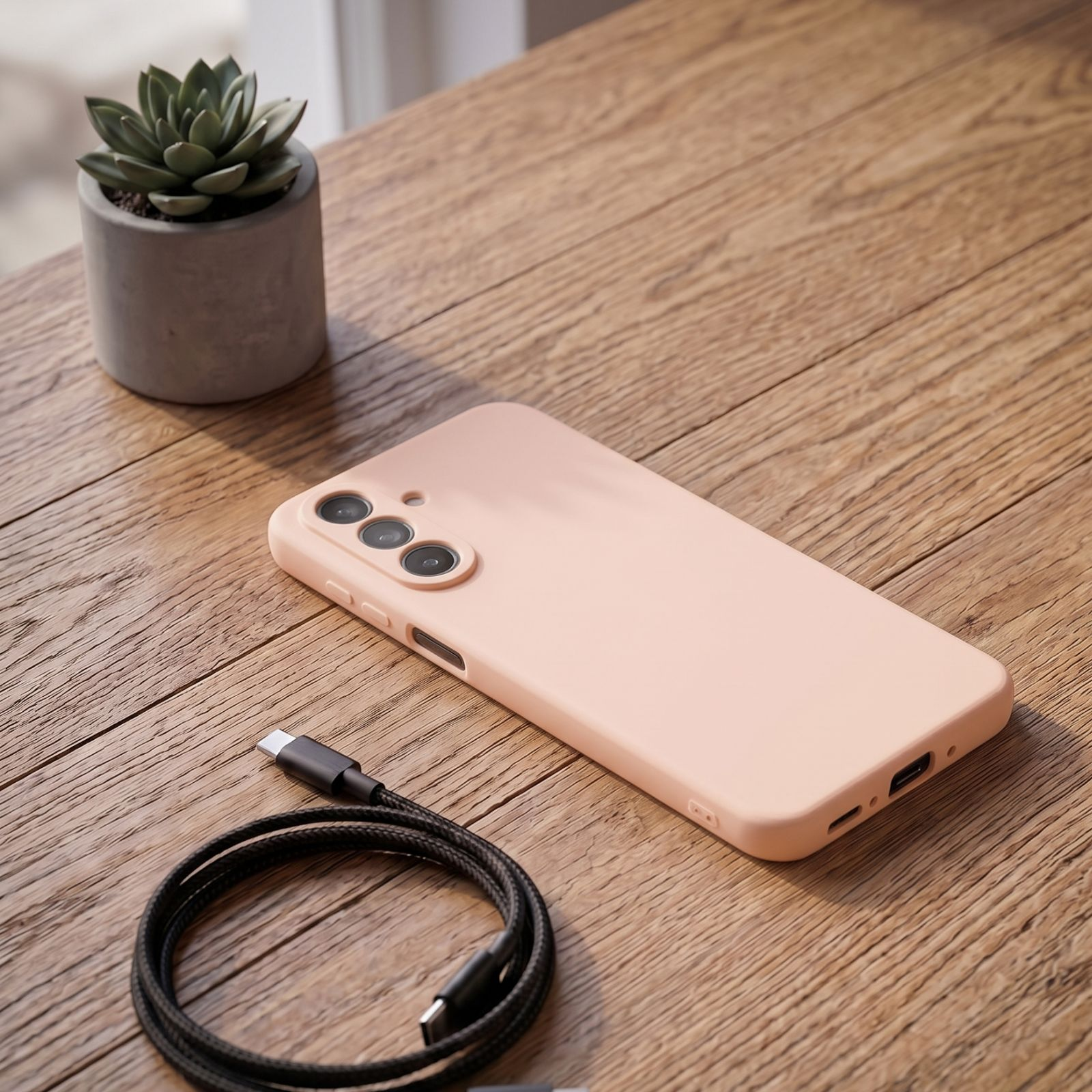 Ein pfirsichfarbenes Smartphone mit schwarzem USB-C-Kabel und kleiner Sukkulente auf einem Holztisch.