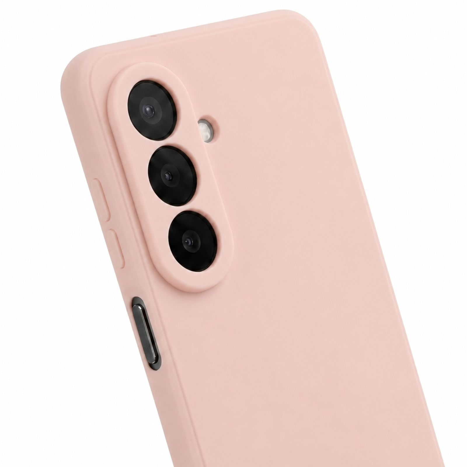 Nahaufnahme der Rückseite eines rosa Smartphones mit drei Kameras und Seitentasten auf weiẞem Hintergrund.
