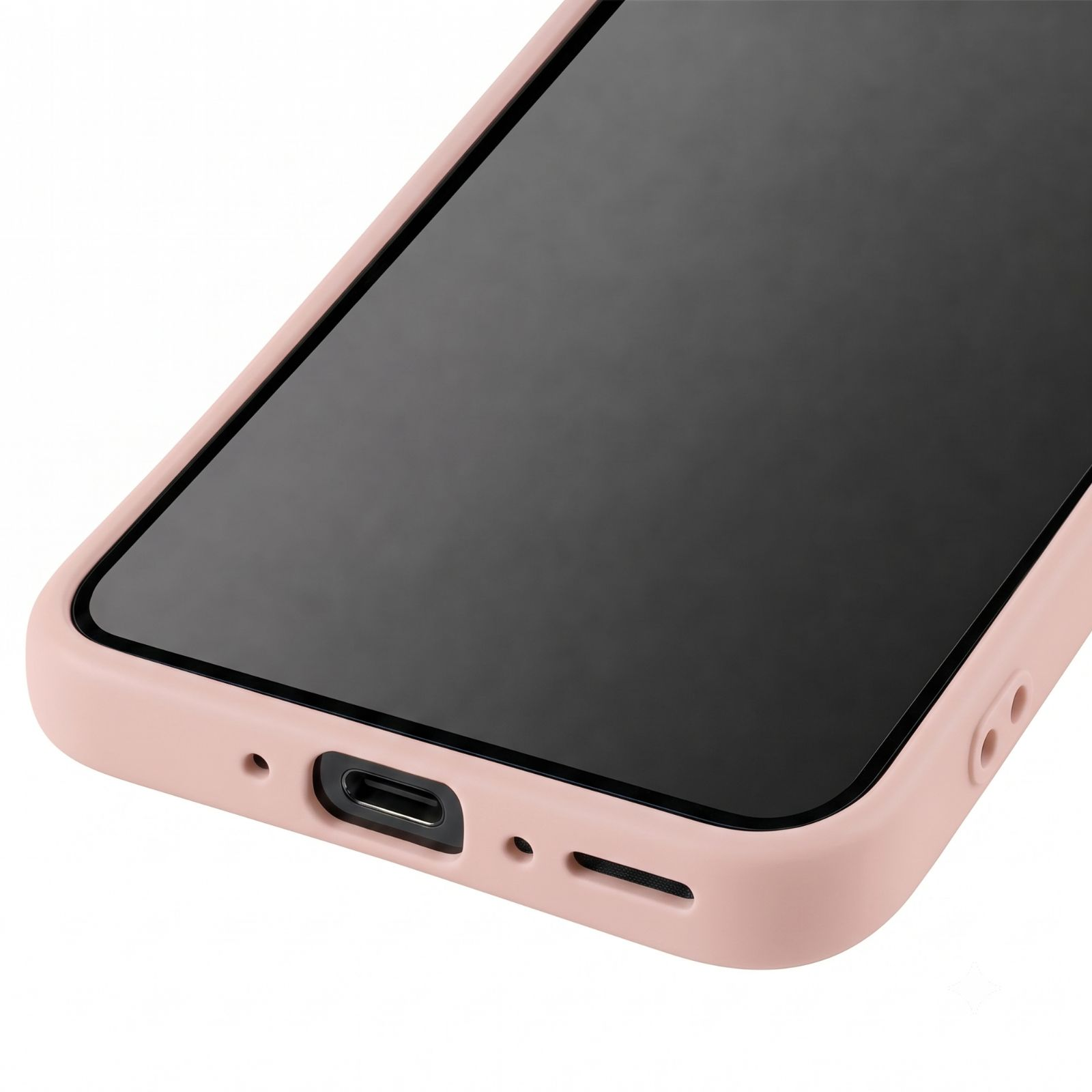 Ein Smartphone mit rosafarbener Schutzhülle zeigt die Unterseite mit Ladeanschluss und Lautsprecher.