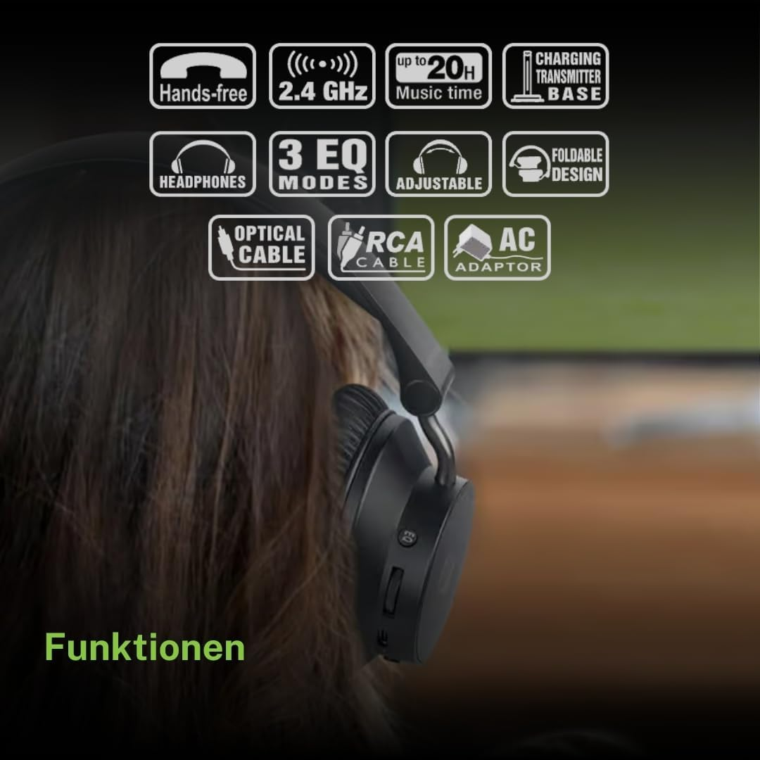 Kopfhörer mit Icons für Funktionen wie Freisprech, 2,4 GHz, Ladebasis und Kabel.