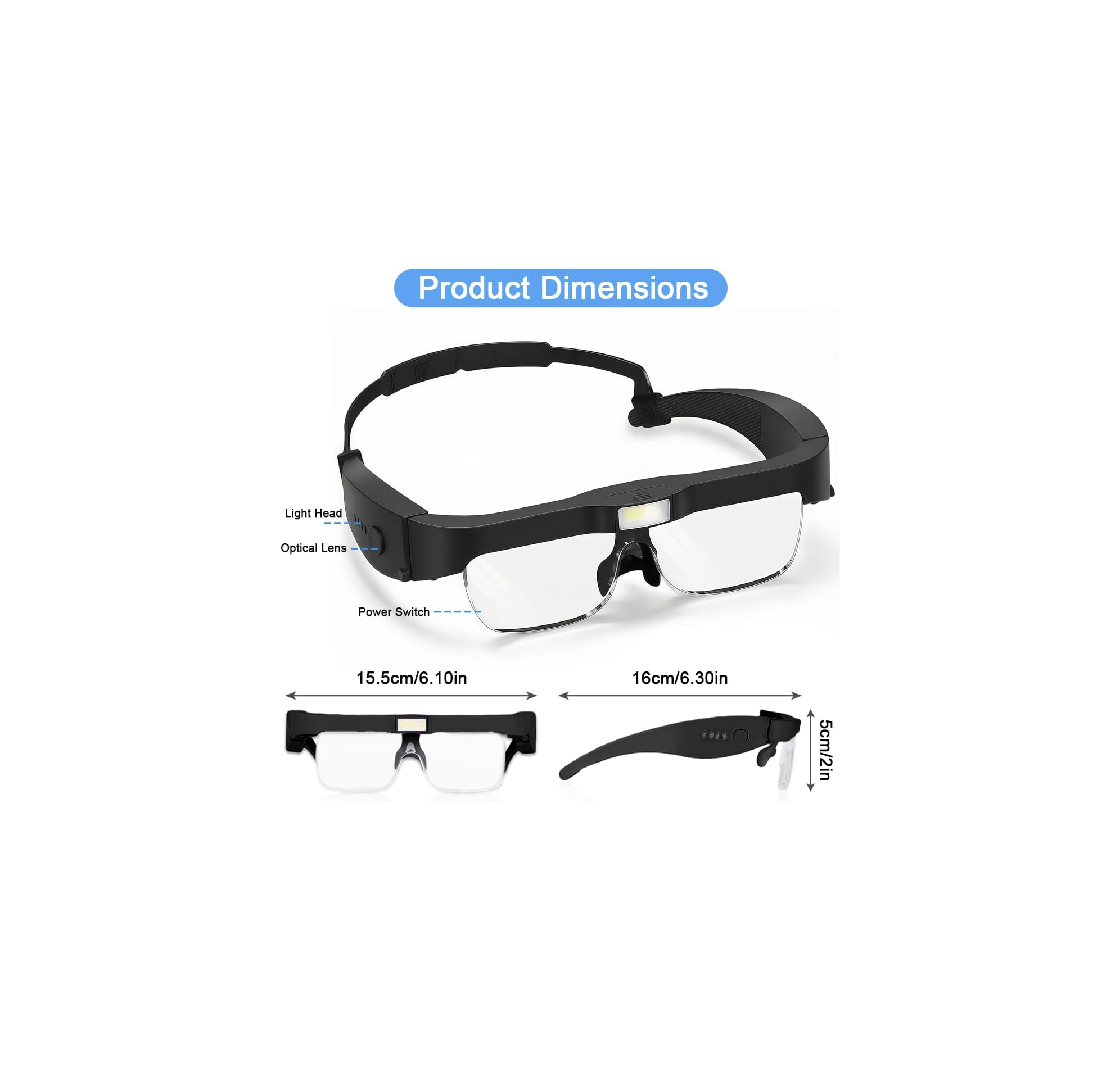 Diagramm der Produktabmessungen für eine schwarze Lupenbrille mit integrierter Beleuchtung.