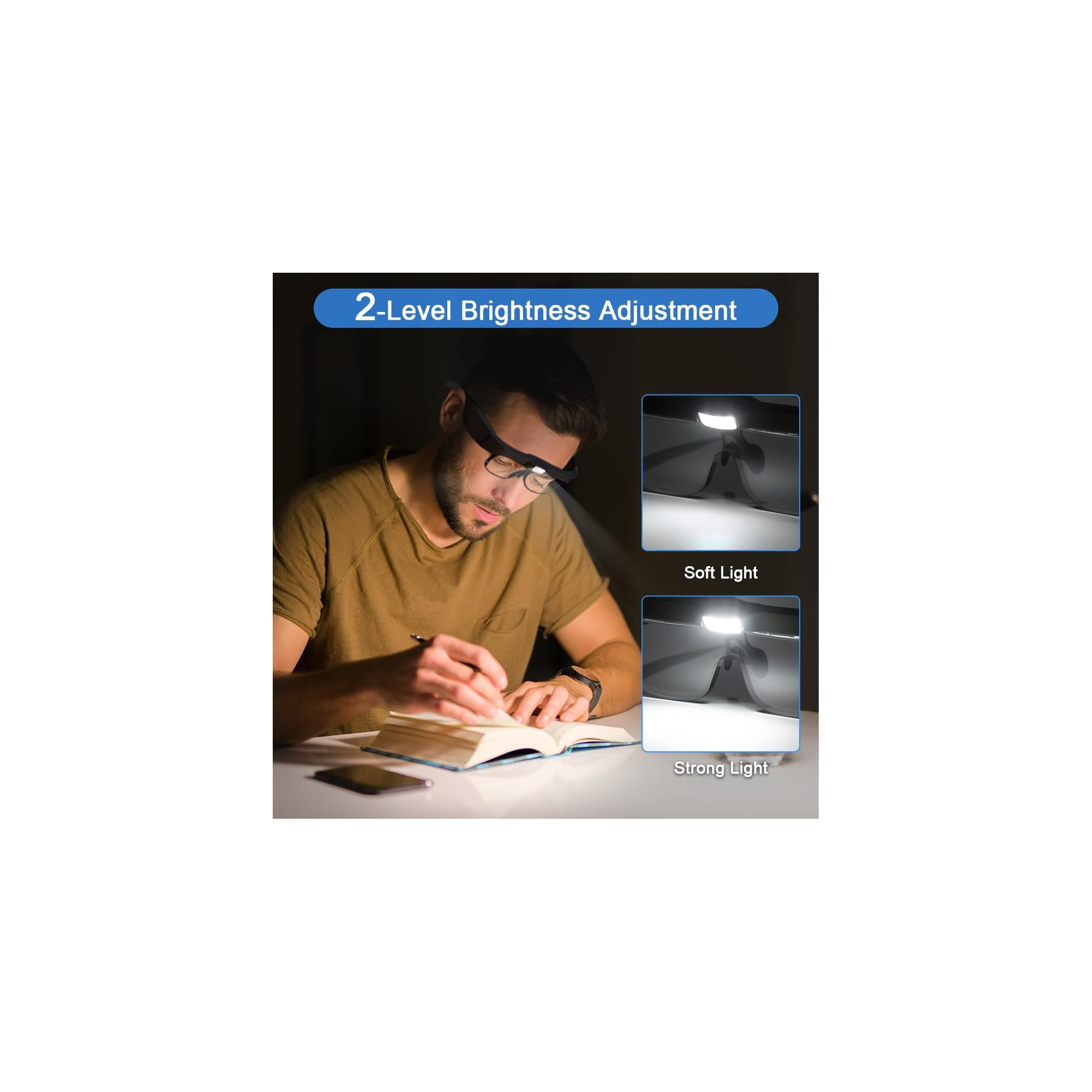 Ein Mann trägt eine Lesebrille mit Licht und schreibt an einem Schreibtisch in ein Buch.