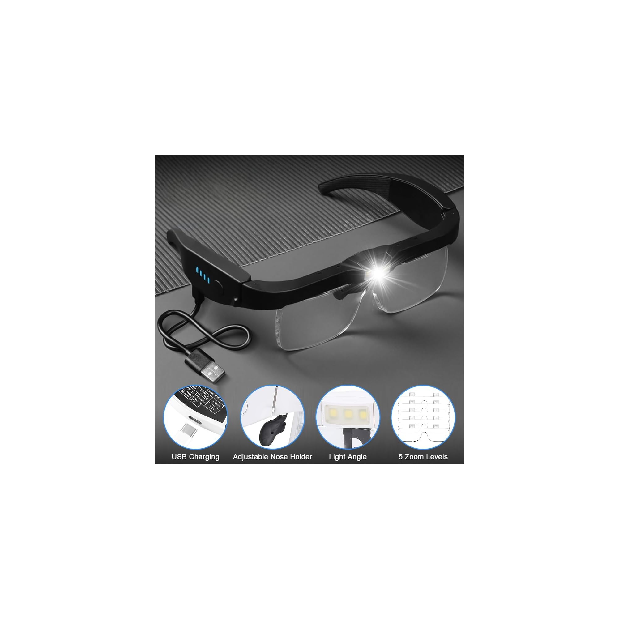 Schwarze LED-Vergrößerungsbrille mit USB-Kabel und vier Funktionsdetails unten.