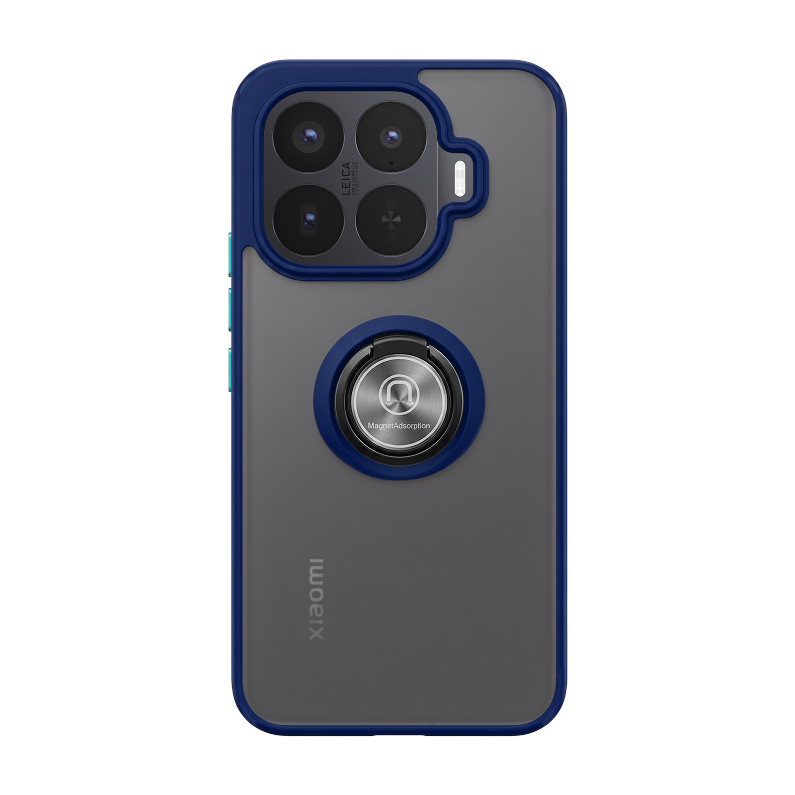 Blaue Smartphone-Hülle mit Kameraausschnitt und integriertem Magnetring auf der Rückseite.