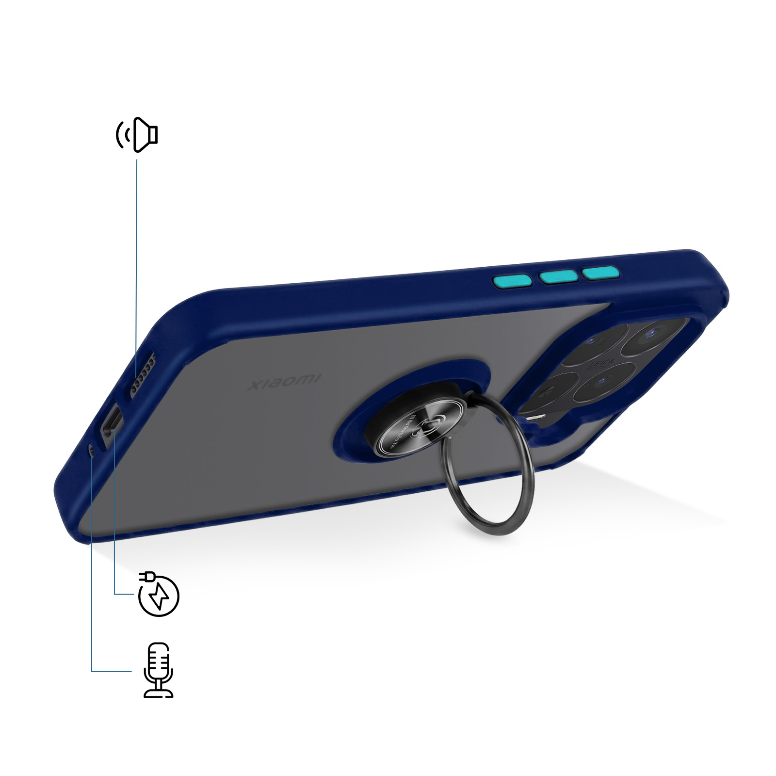 Dunkelblaue Xiaomi-Schutzhülle mit integriertem Ringständer und Funktionsdiagrammen.
