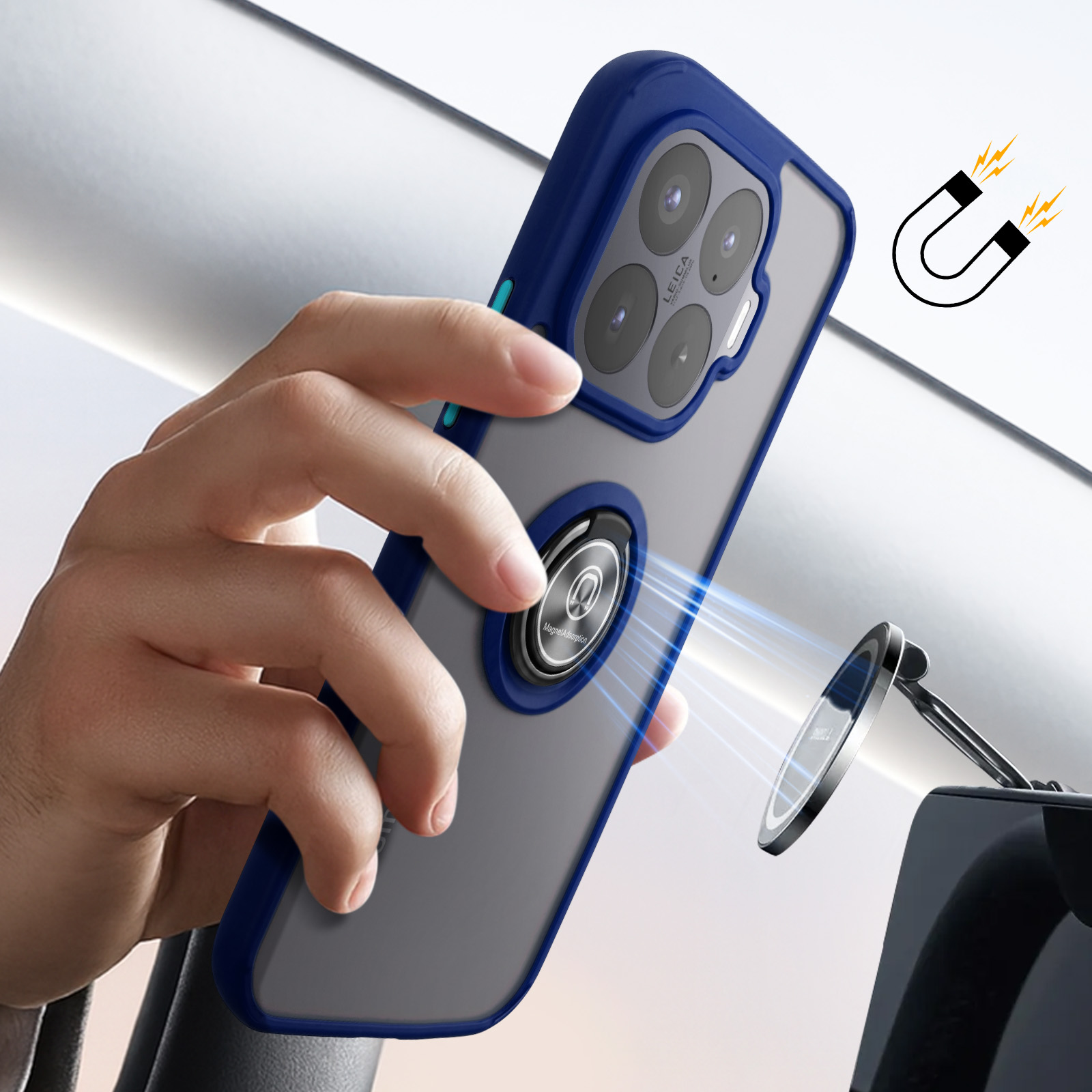 Eine Hand befestigt eine blaue Handyhülle mit Ringhalter magnetisch an einer Autohalterung.