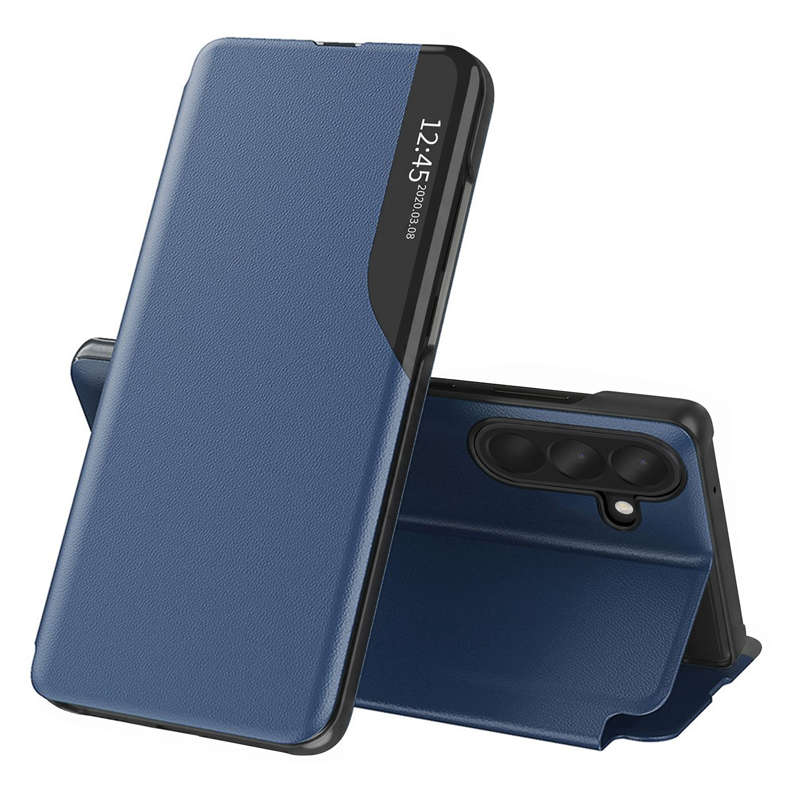 Ein blaues Smartphone-Flip-Case mit schwarzem Rand zeigt die Uhrzeit auf dem Frontdisplay.