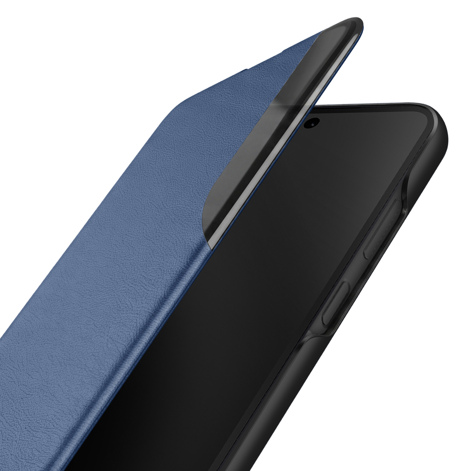 Ein Smartphone in einer blau strukturierten Leder-Klapphülle vor weißem Hintergrund.