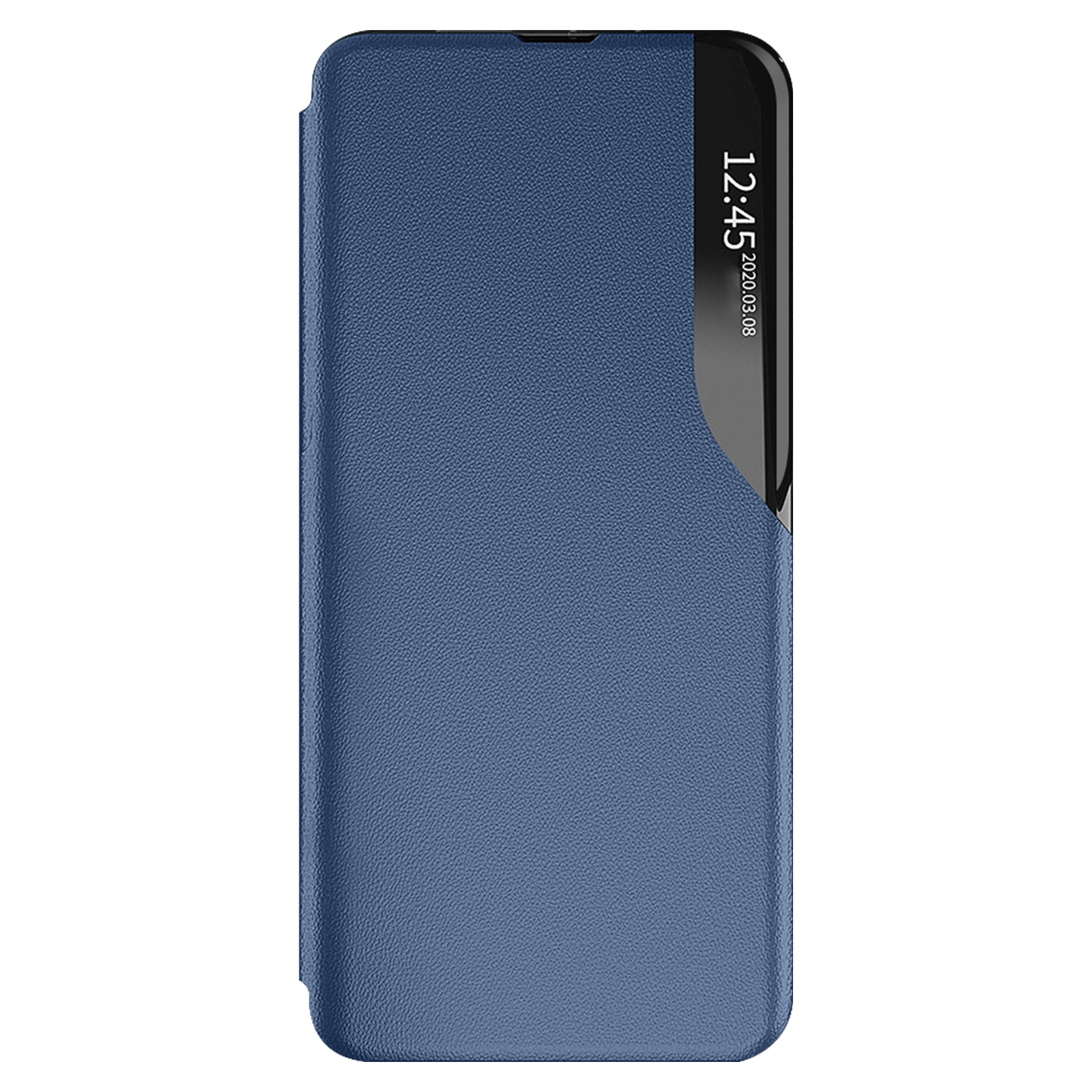 Ein blauer Smartphone-Klappdeckel mit einem schwarzen, transparenten Seitenfenster, das Uhrzeit und Datum anzeigt.
