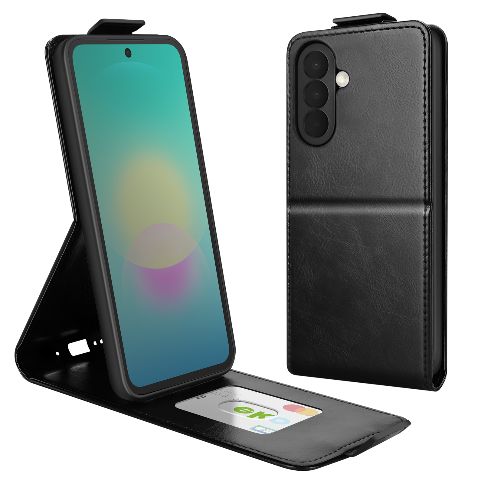Ein schwarzes Smartphone-Lederetui mit Standfunktion und Kartenfach, frontal und rückseitig gezeigt.