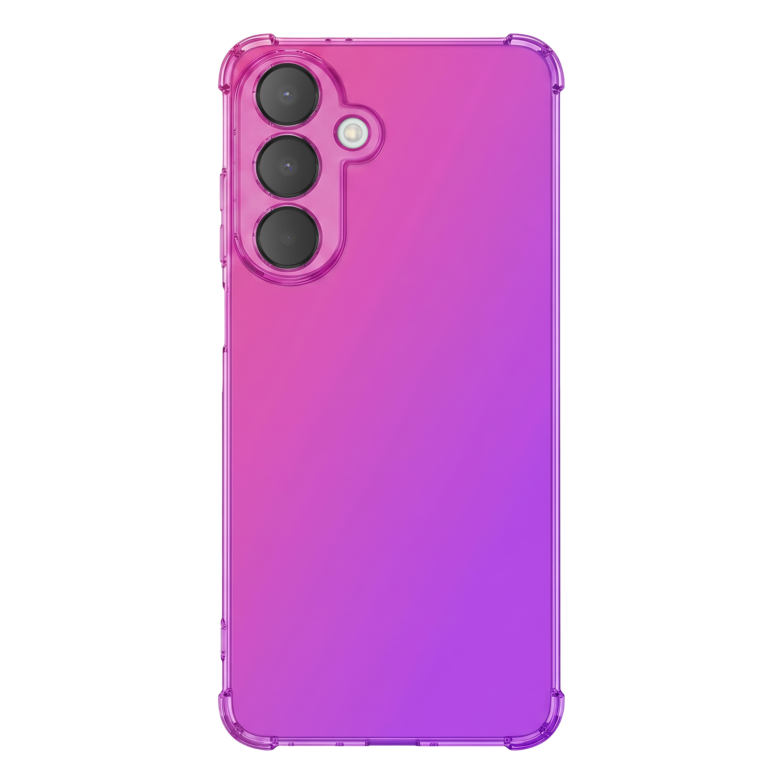 Eine glänzende pink-violette Smartphone-Hülle mit drei Kameraaussparungen und verstärkten Ecken auf weißem Grund.