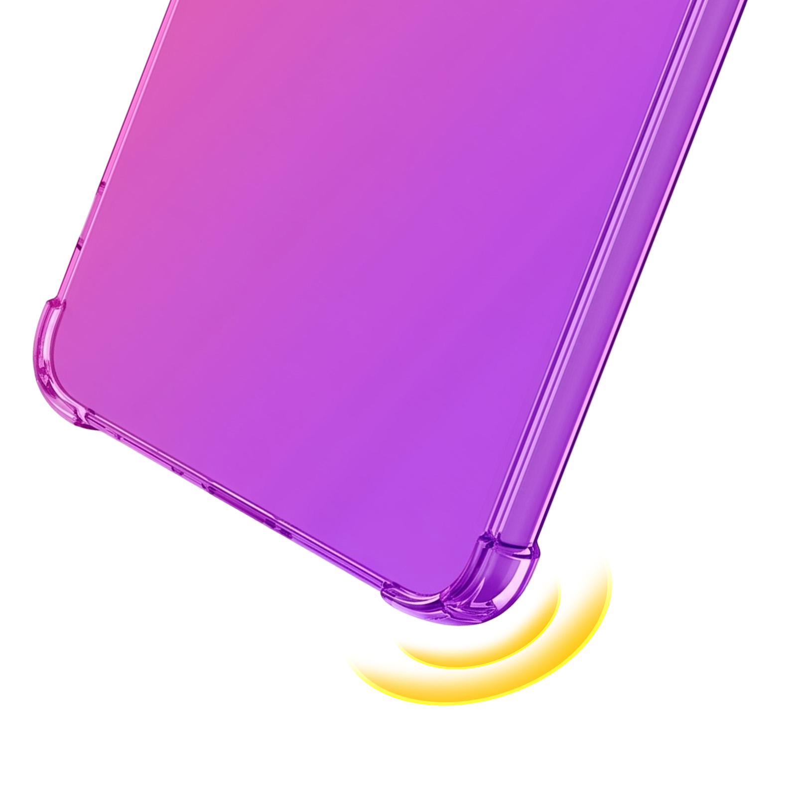 Eine Nahaufnahme einer lila und pinken Smartphone-Hülle mit verstärkten Ecken und gelben Wellenlinien.