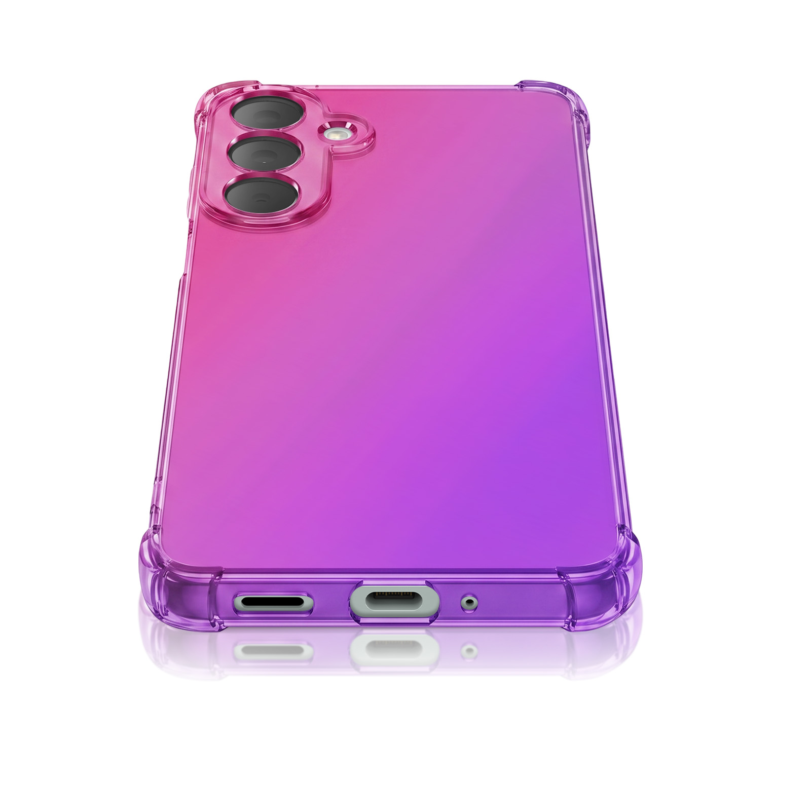 Ein Smartphone mit einer transparenten, pink-zu-violetten Farbverlaufshülle, drei Kameramodulen und Anschlüssen.