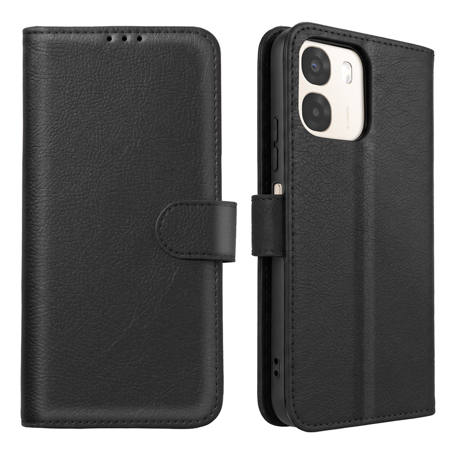 Schwarze Leder-Handyhülle im Buchformat mit geschlossener Front und Smartphone auf der geöffneten Rückseite.