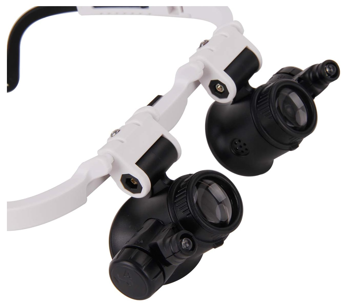 Weiß-schwarze Brillenlupe mit zwei verstellbaren Linsen und LEDs.