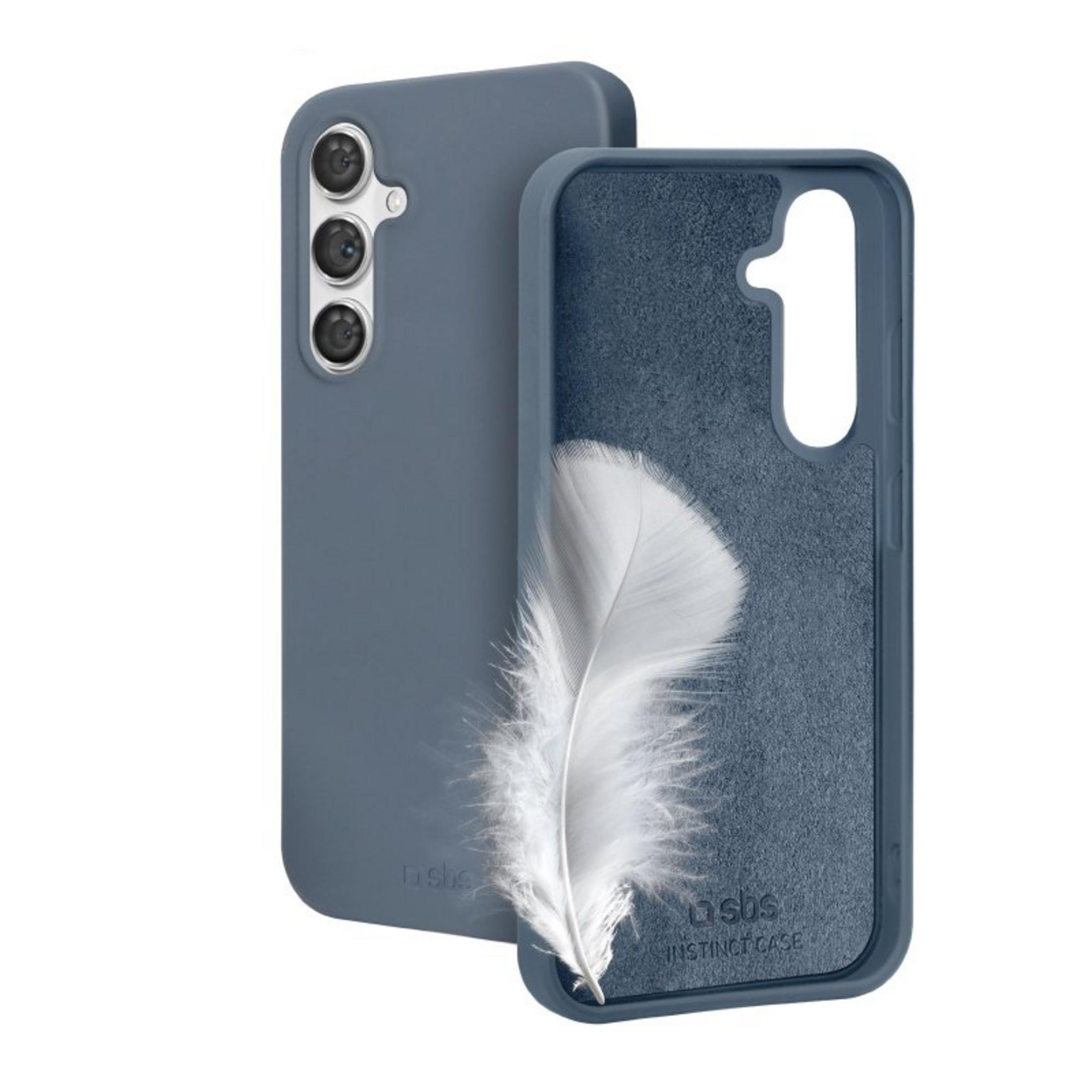 Blaue Smartphone-Hülle mit weichem Innenfutter und weißer Feder.