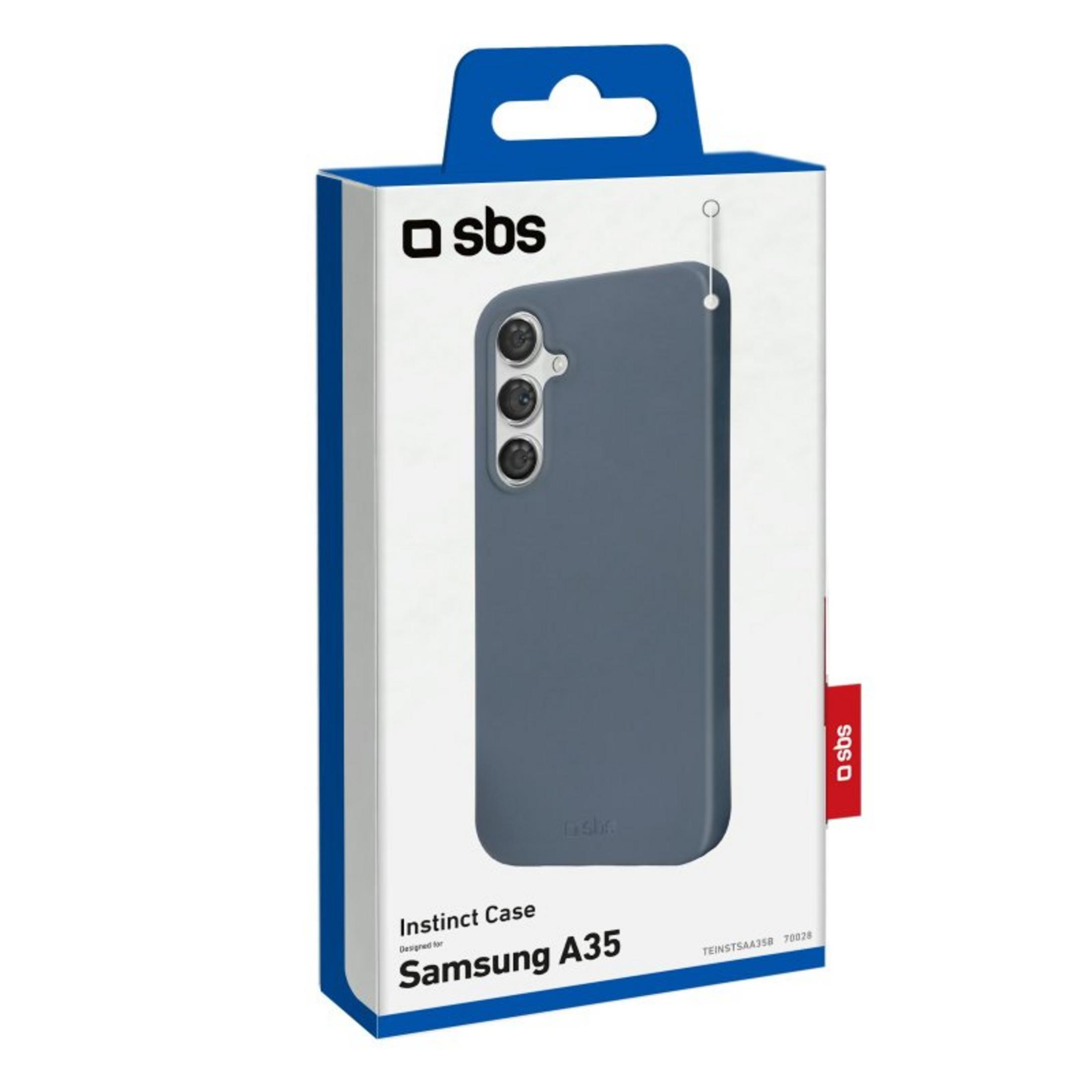 Eine blaue SBS Instinct Schutzhülle für Samsung A35 in weiß-blauem Verpackungskarton.