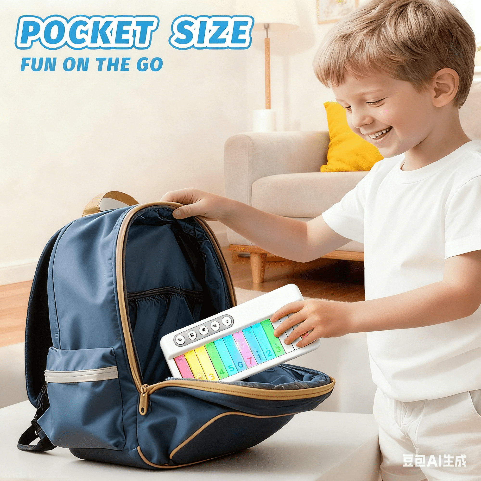 Ein Junge packt ein buntes Mini-Keyboard in einen blauen Rucksack.