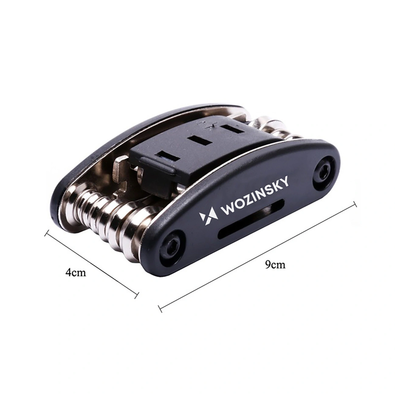 Multitool nero Wozinsky con dimensioni di 9 cm per 4 cm su sfondo bianco.
