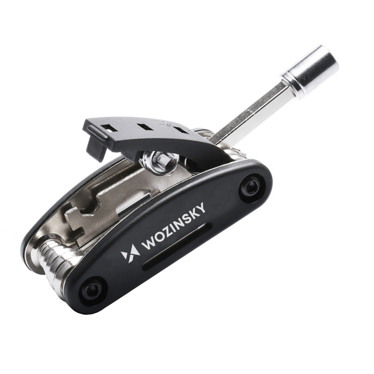 Un multiutensile nero Wozinsky con strumenti metallici pieghevoli e una chiave a tubo estesa su uno sfondo bianco.