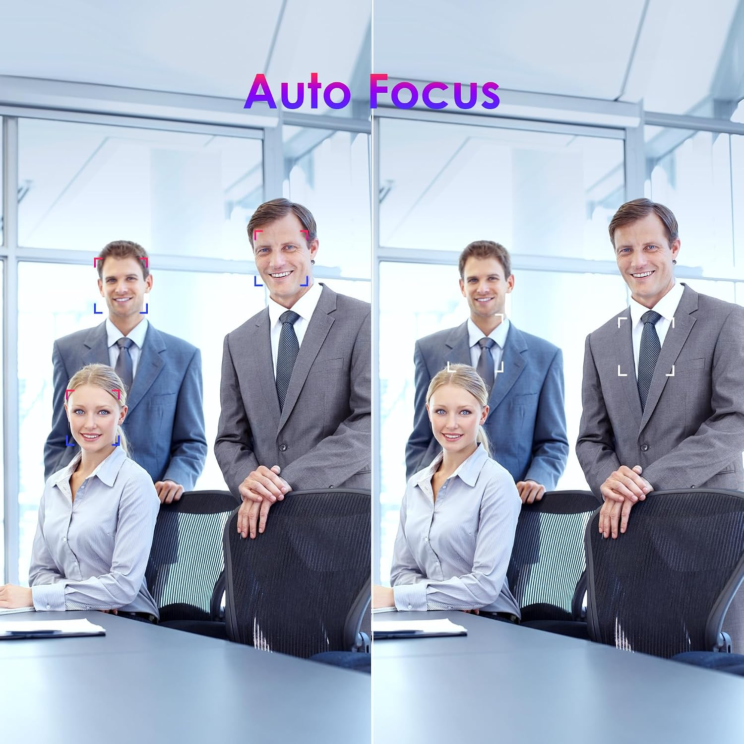 Vergleich von drei Profis im Büro, der den Autofokus mit Gesichtserkennungsrahmen links zeigt.