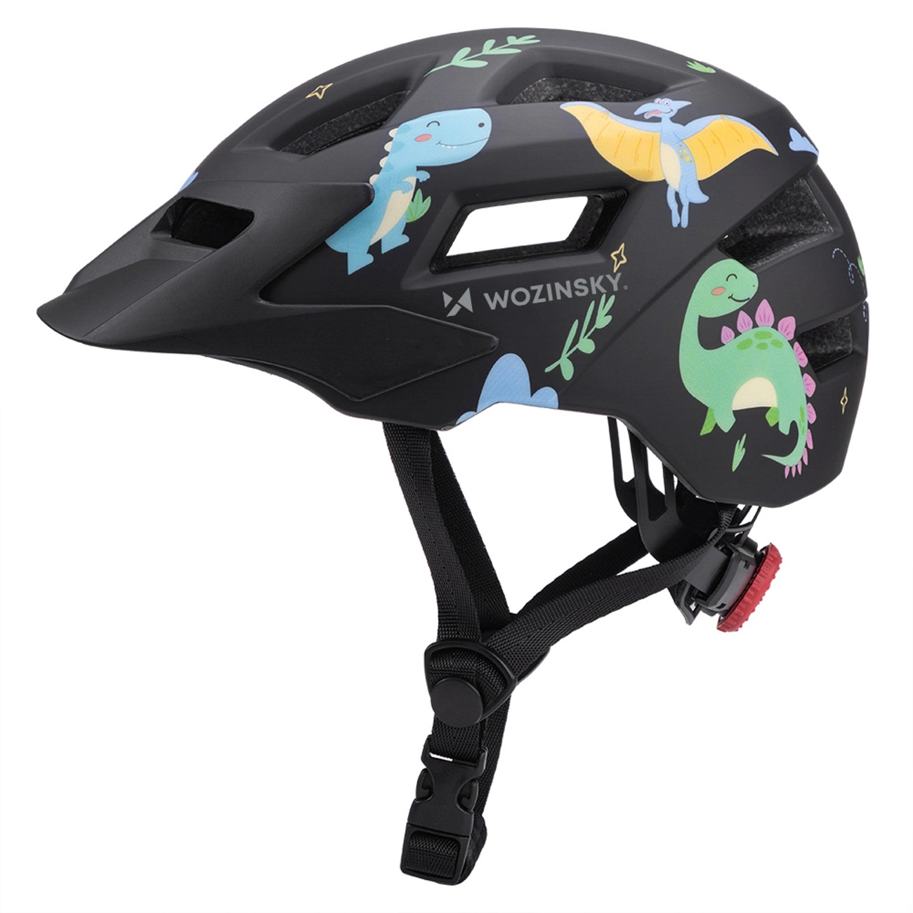 Un casco da bici nero per bambini con dinosauri e piante in stile cartone animato.