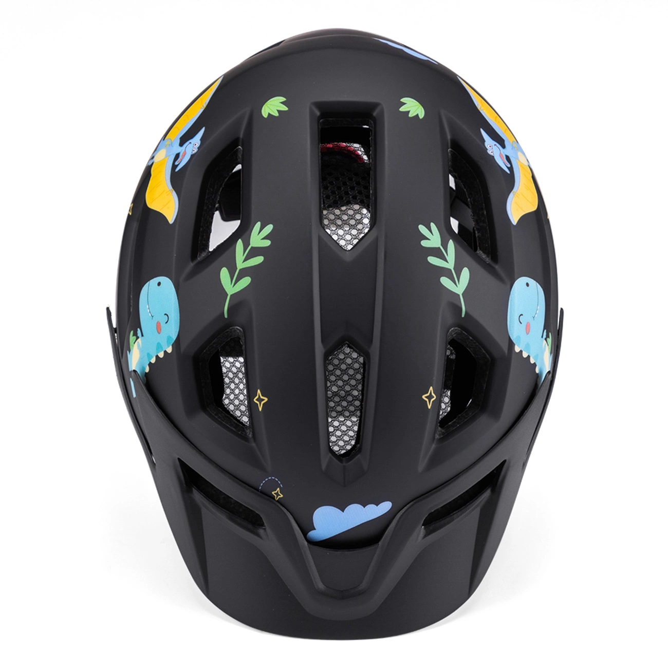 Casco da bici nero per bambini con motivo a dinosauri, foglie e stelle.