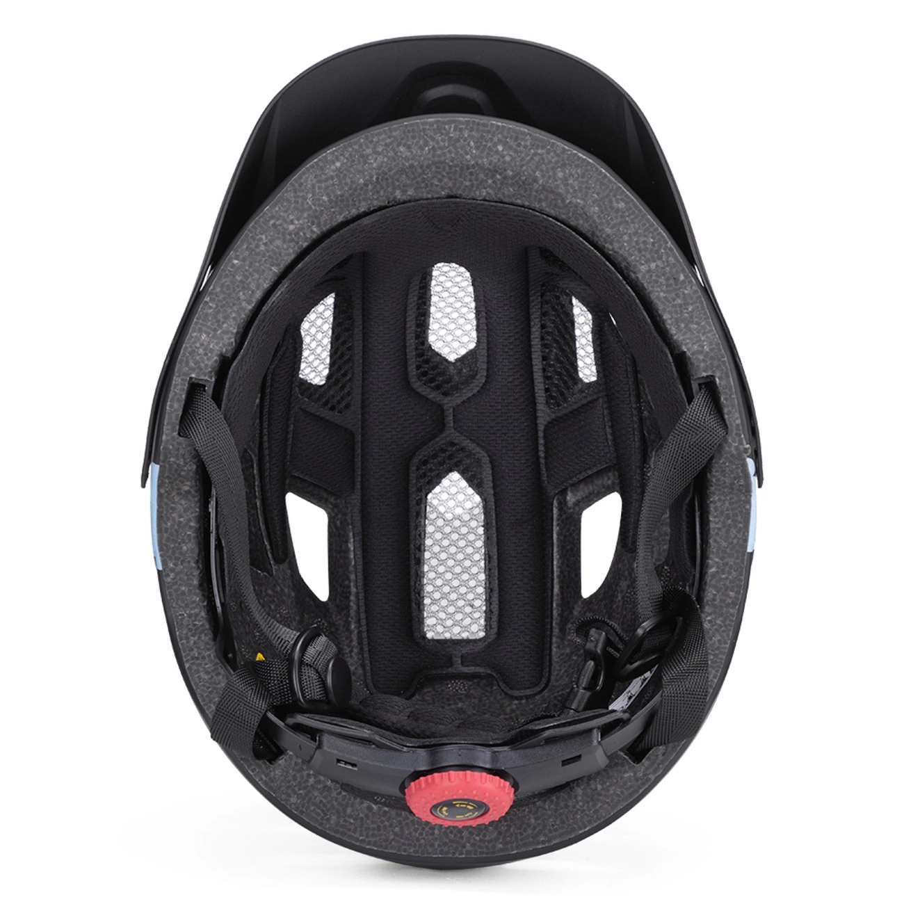 Parte inferiore di un casco da bici nero con imbottitura e rotella rossa.