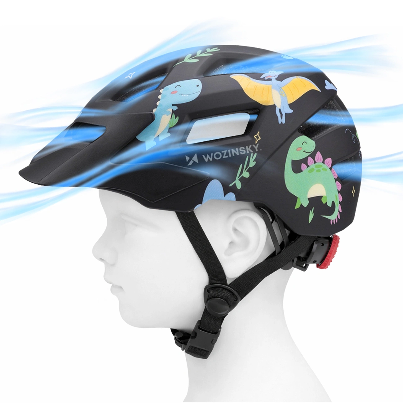 Casco da bici nero per bambini con adesivi di dinosauri su manichino bianco, con linee di vento blu.