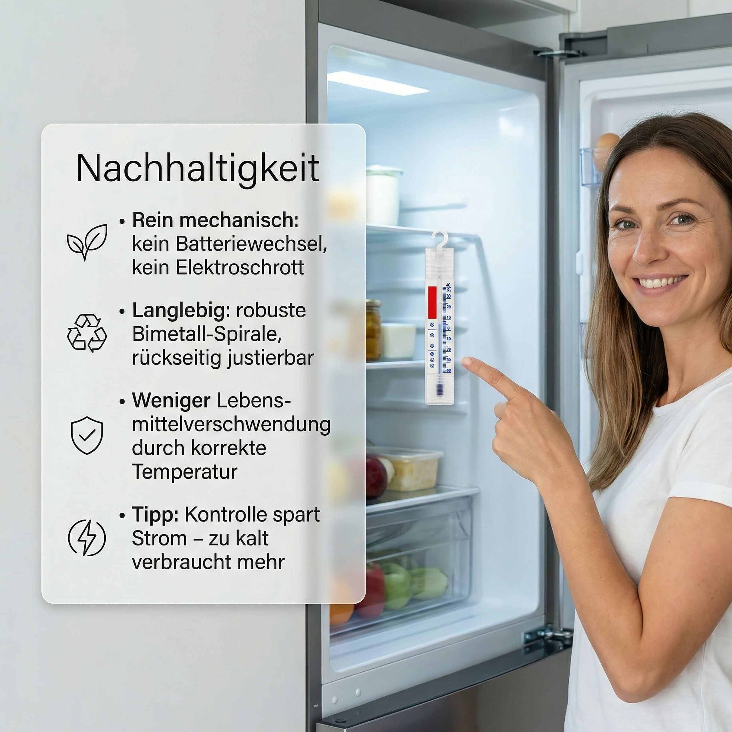 Eine Frau zeigt auf ein Thermometer im offenen Kühlschrank, daneben Texttafel.