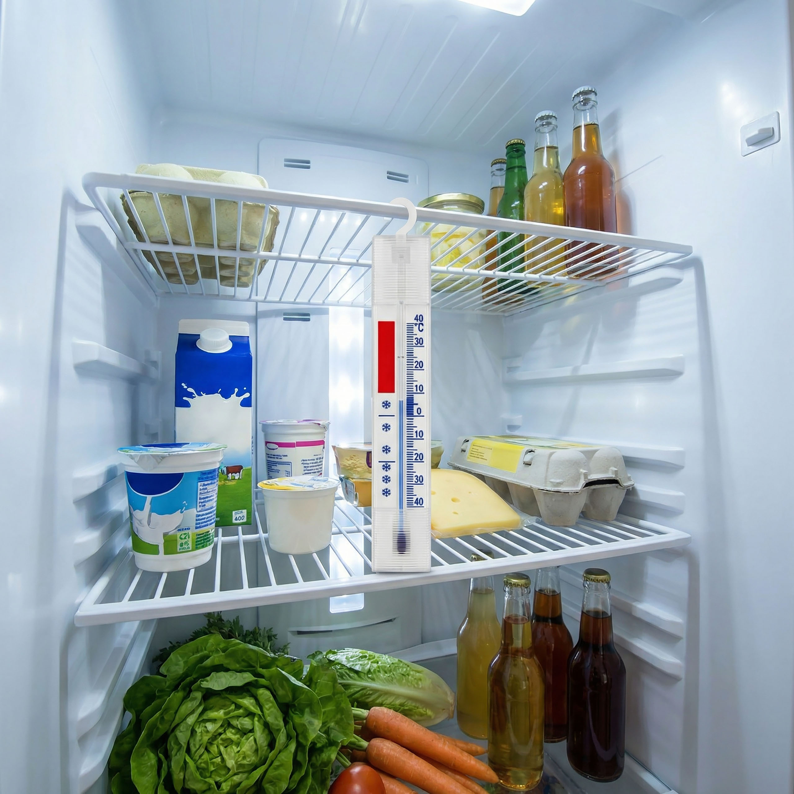 Ein offener Kühlschrank mit Lebensmitteln, Getränken und einem Thermometer an einem Regal.