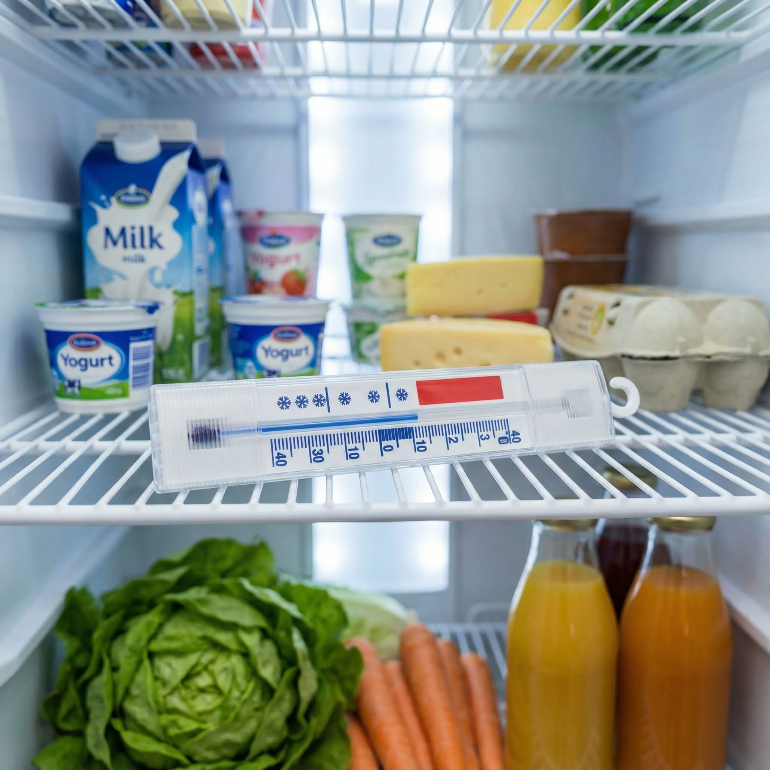 Kühlschrankinnenraum mit Milch, Joghurt, Käse, Eiern, Salat, Karotten und Säften sowie einem Thermometer auf der Ablage.