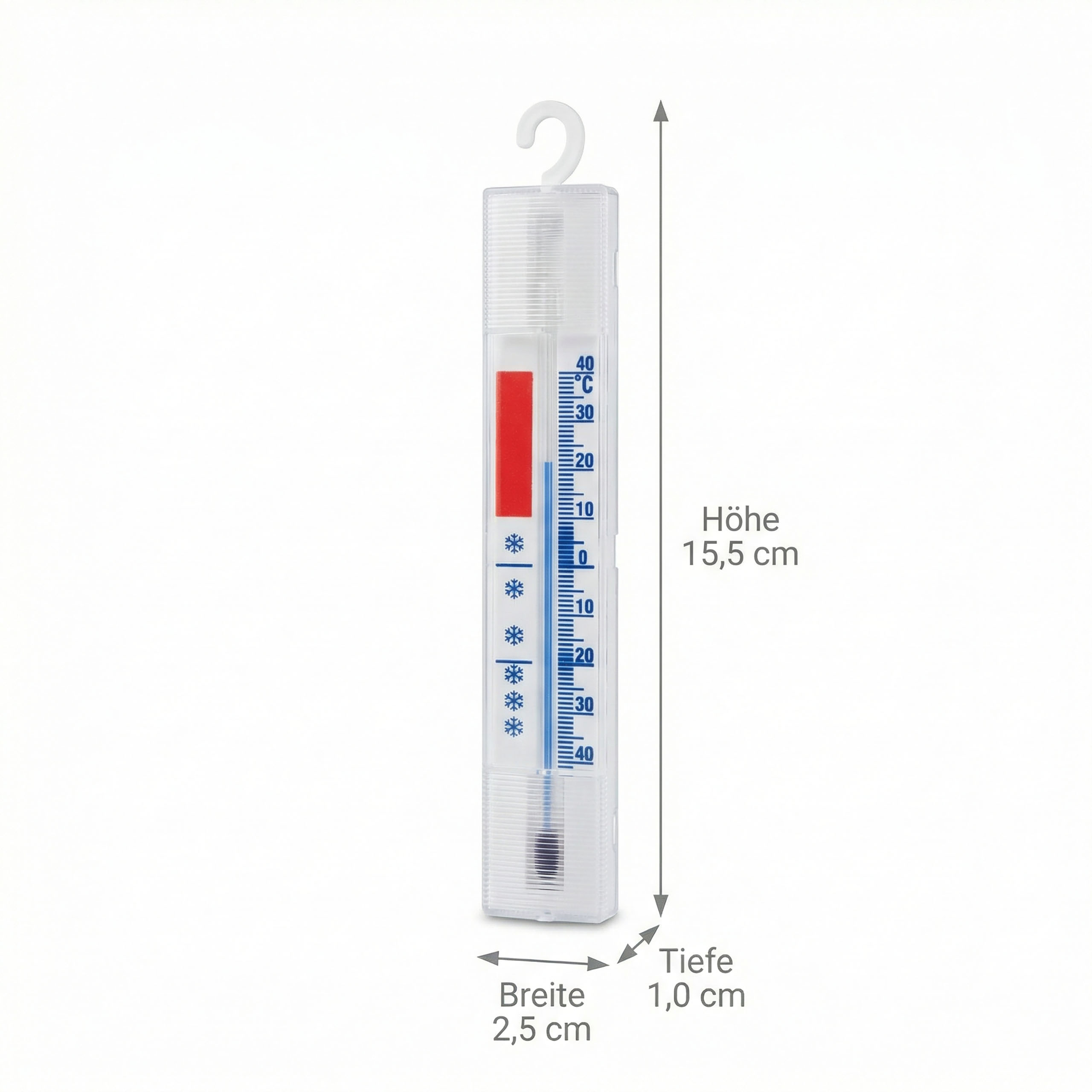 Ein weißes Kunststoffthermometer mit Haken, Maße Höhe 15,5 cm, Breite 2,5 cm, Tiefe 1,0 cm.