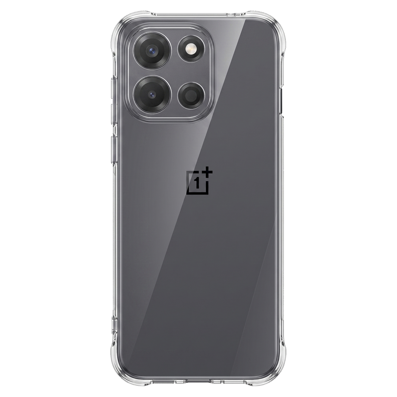 Rückseite eines dunklen Smartphones in einer klaren Hülle mit quadratischem Kameramodul und Logo.
