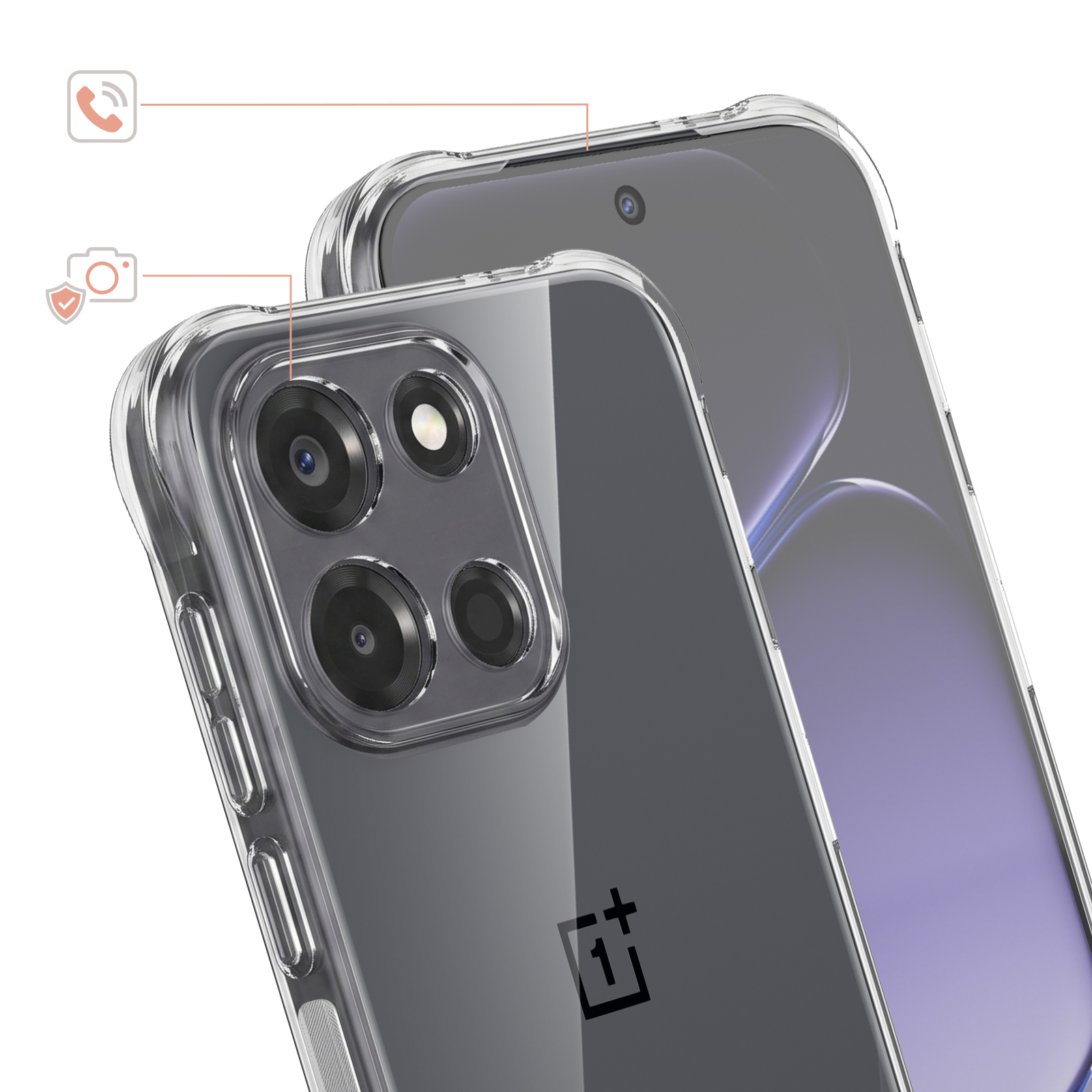 Zwei transparente Handyhüllen auf Smartphones mit Fokus auf Kameralinse und Schutz.