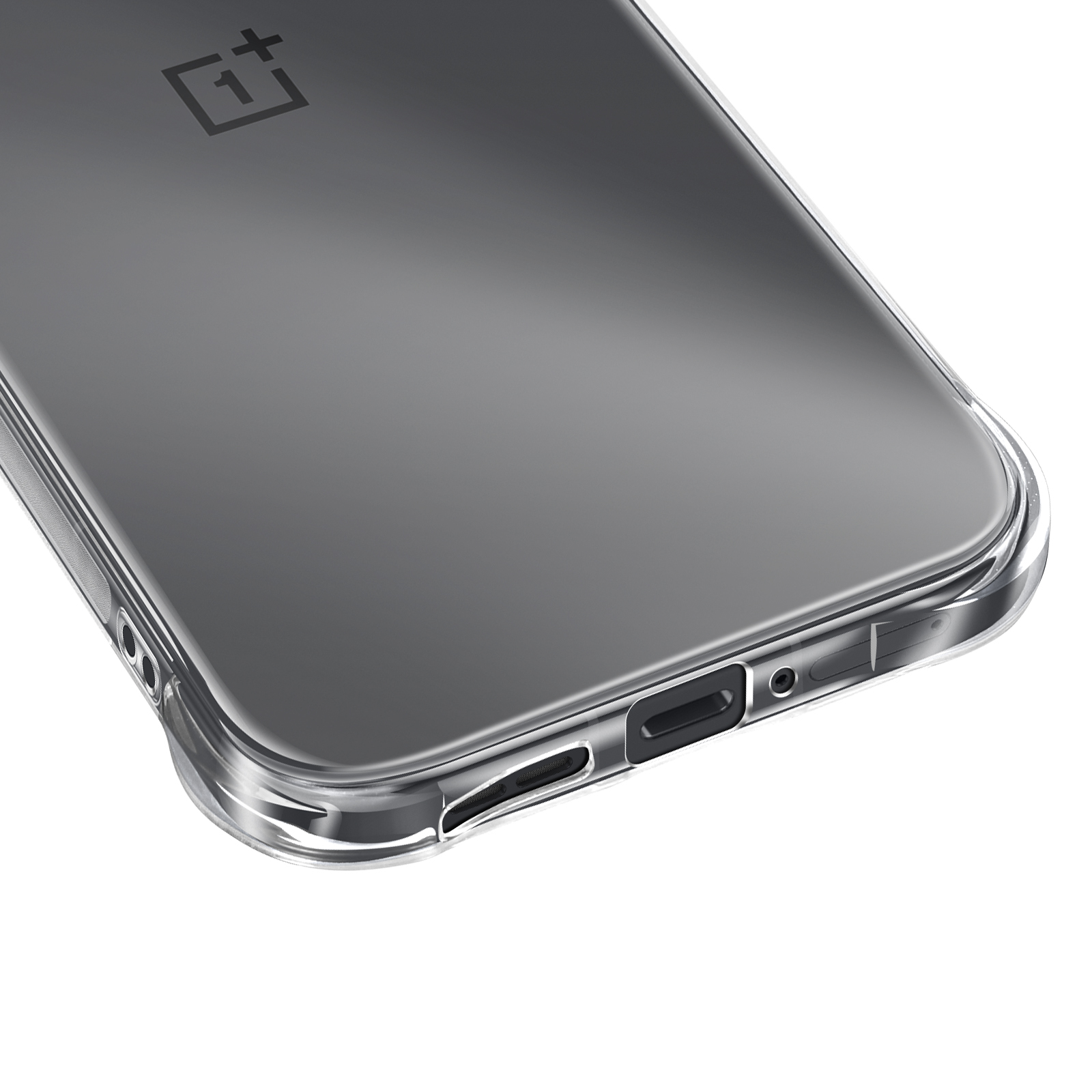 Ein graues Smartphone in einer transparenten Schutzhülle zeigt die Unterseite mit Anschlüssen.
