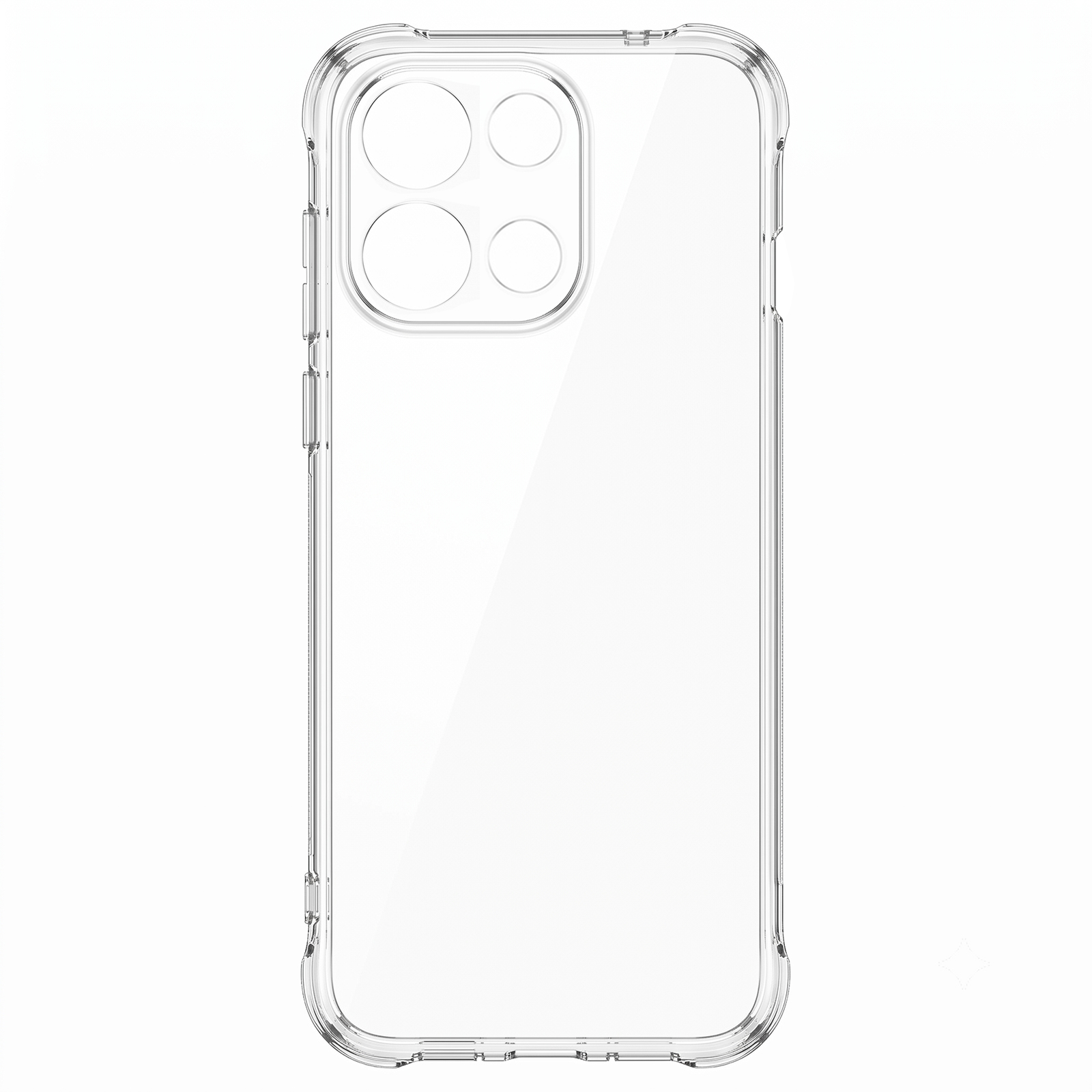 Eine transparente Handyhülle mit quadratischem Kameraausschnitt auf weißem Hintergrund.