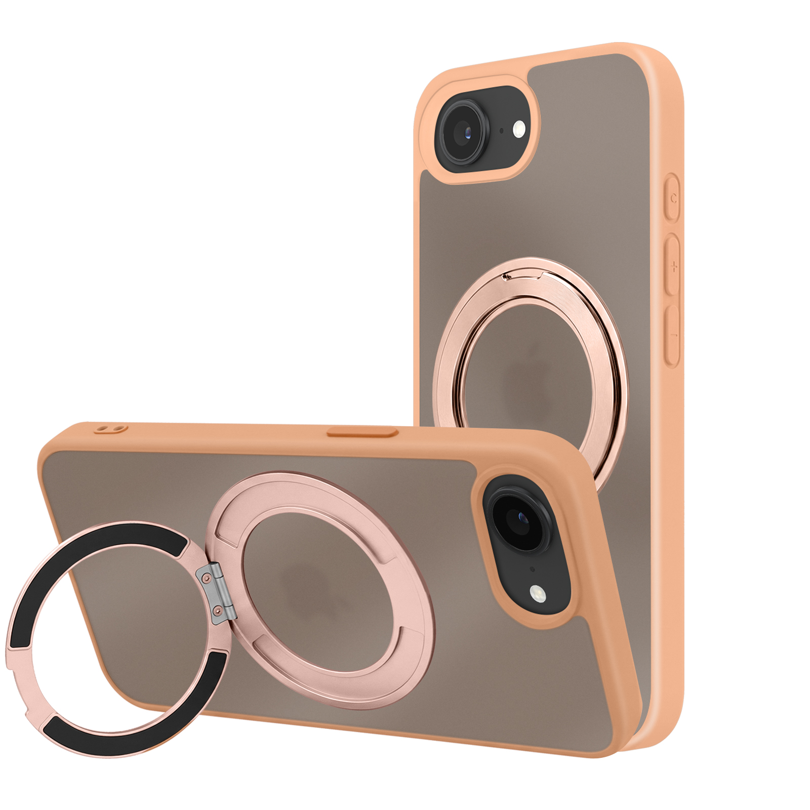 Zwei pfirsichfarbene Handyhüllen mit integrierten roségoldenen Magnetringen, eine steht, eine liegt.