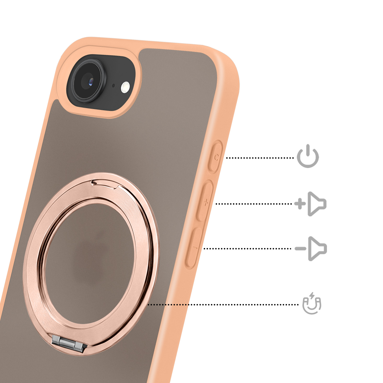 Pfirsichfarbene Handyhülle mit MagSafe-Ring und gekennzeichneten Tasten.