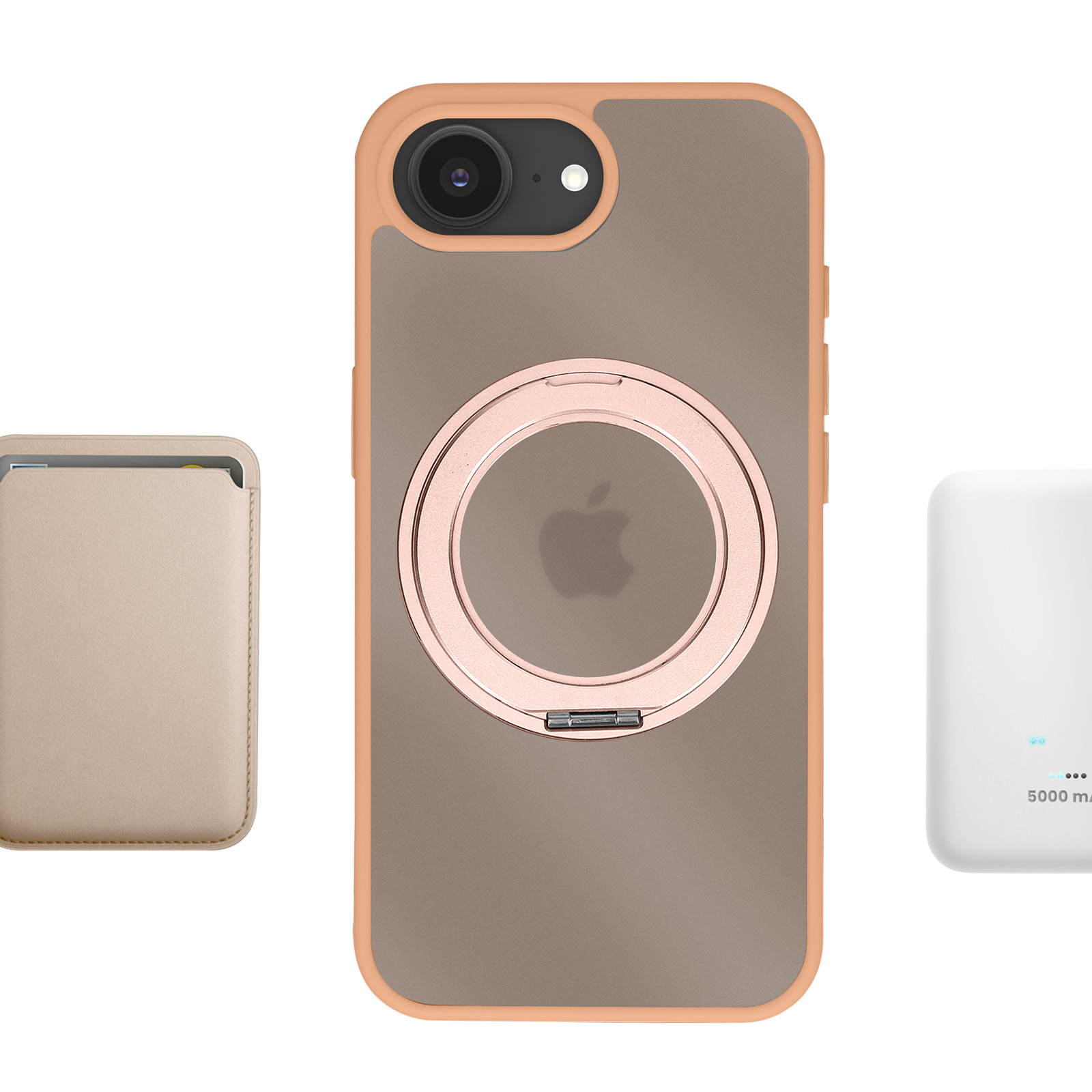 Ein iPhone mit roségoldener Hülle, magnetischem Ständer, beigem Kartenetui und weißem Akku.