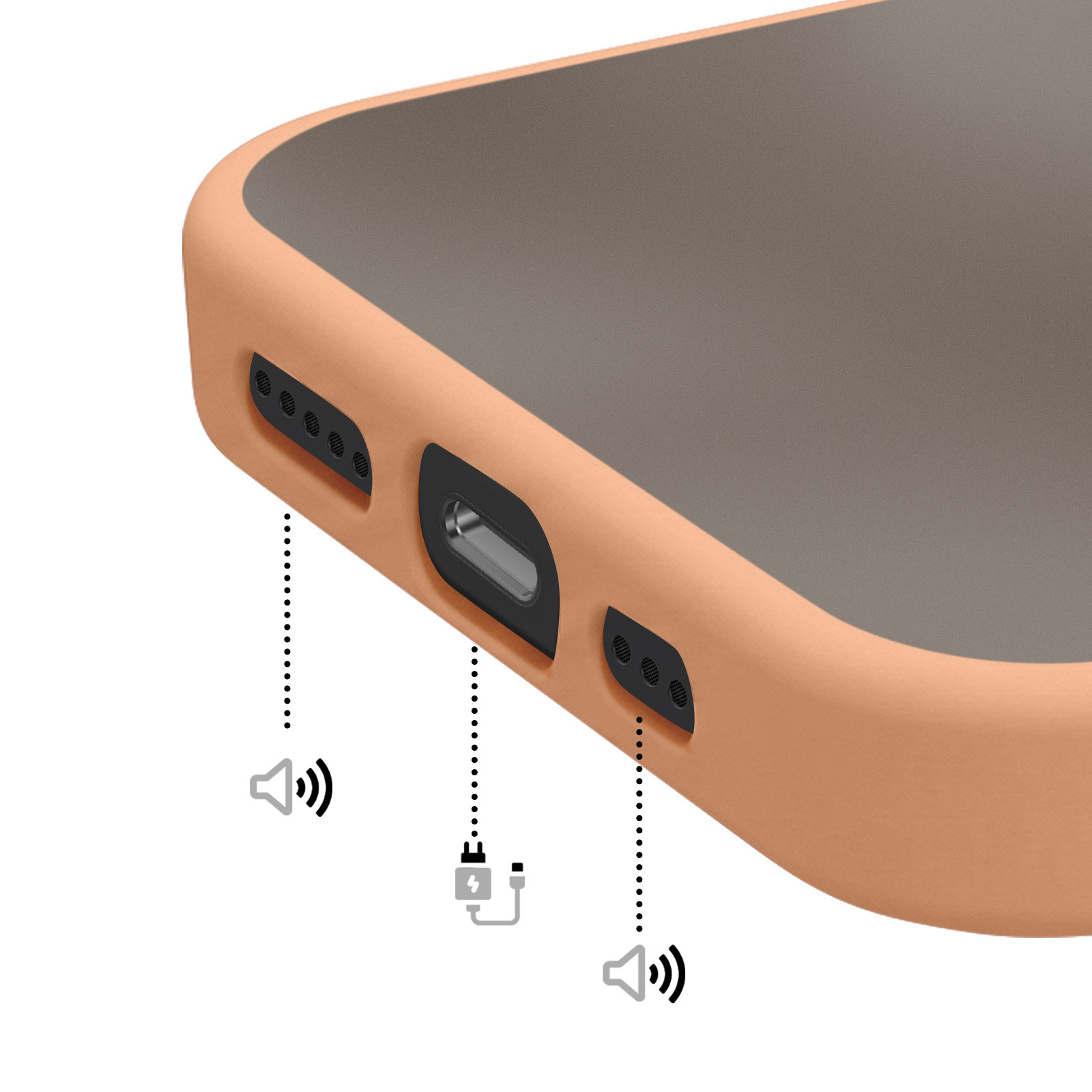 Unterseite eines beigen Smartphones mit Ladeanschluss und Lautsprechern, Diagrammsymbole zeigen Funktionen.
