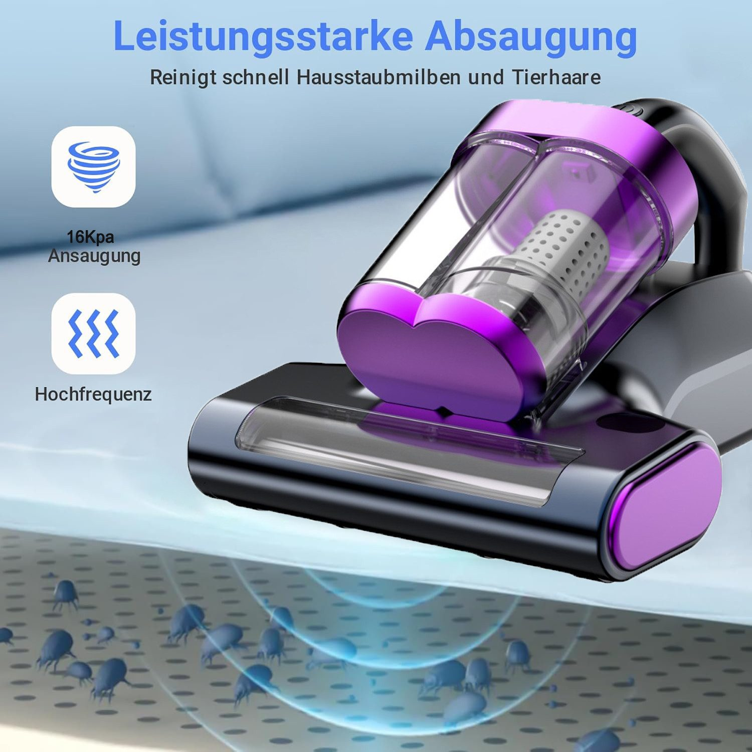 Ein lilafarbener Handstaubsauger mit starken Saugkraft- und Frequenzsymbolen entfernt Milben von einer Matratze.